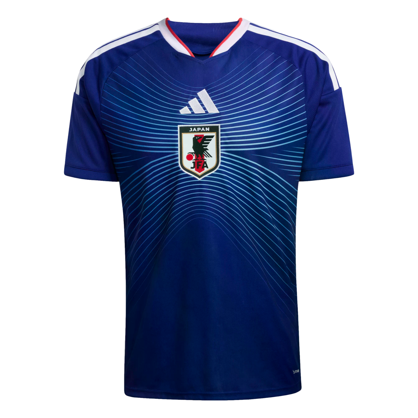 Blue Japan national team soccer jersey with a centered white Adidas logo and JFA crest, featuring a light blue radiating line pattern and white stripes on the shoulders.