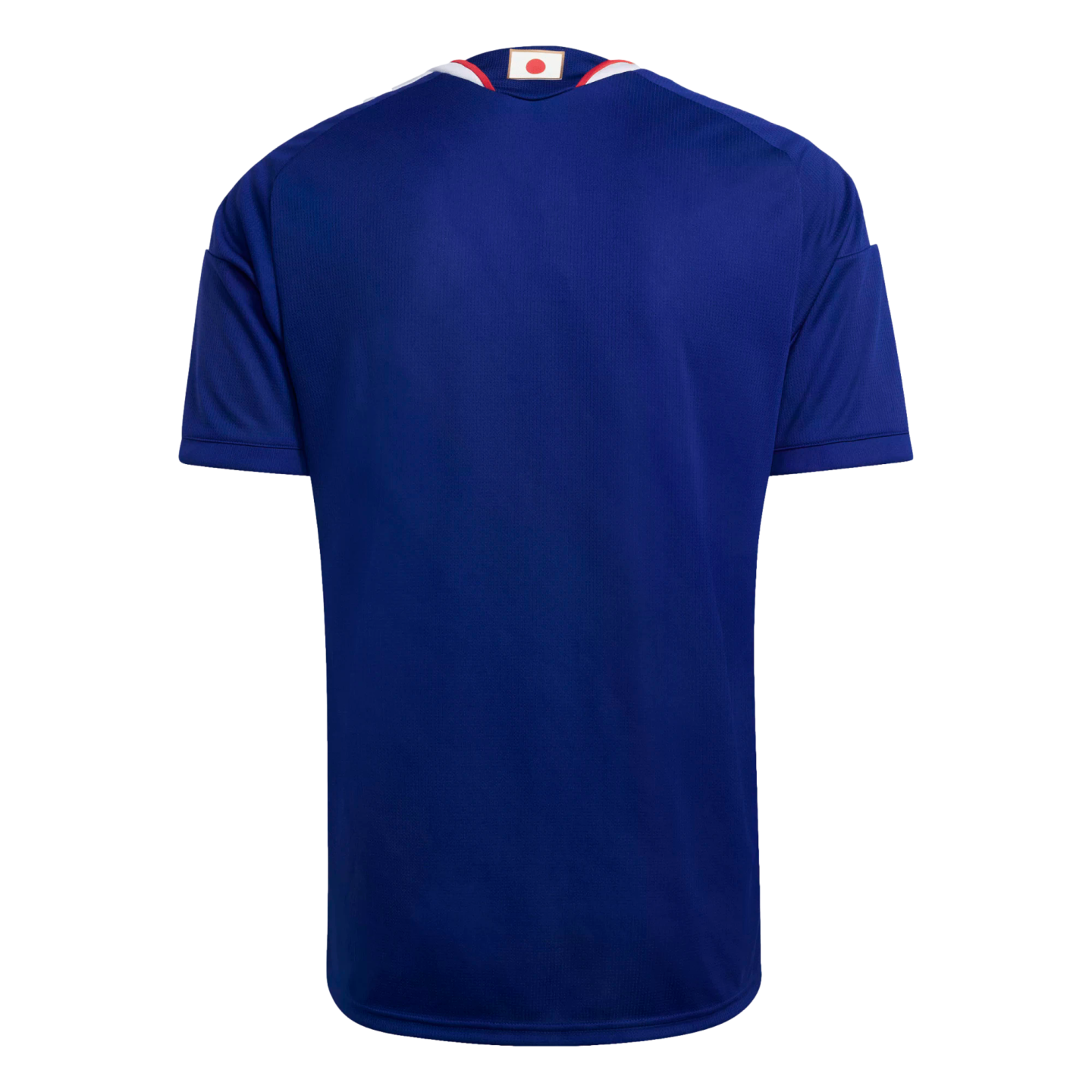 Rear view of a dark blue soccer jersey with white shoulder stripes and a small Japanese flag on the back collar.