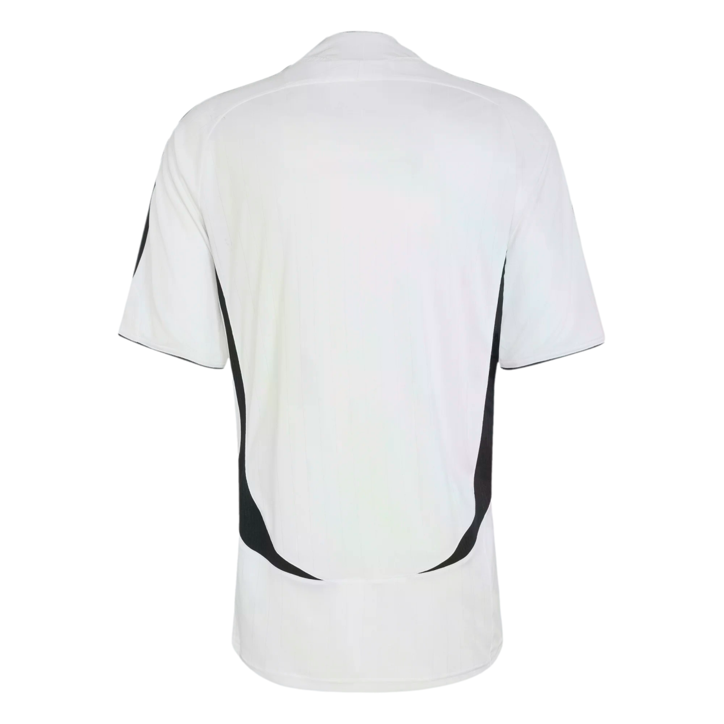 Back view of a white short-sleeved jersey with black curved panels on the sides.