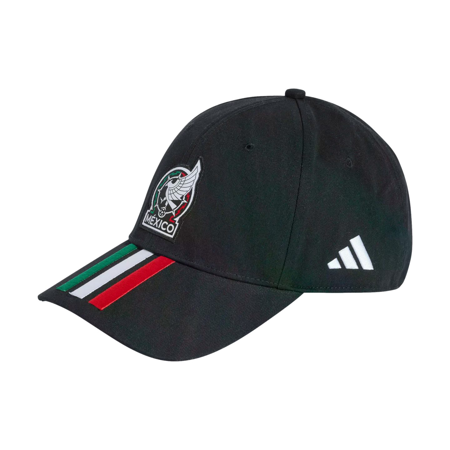 A black Adidas baseball cap with the Mexico national team crest on the front, green, white, and red stripes on the brim, and a white Adidas logo on the side.
