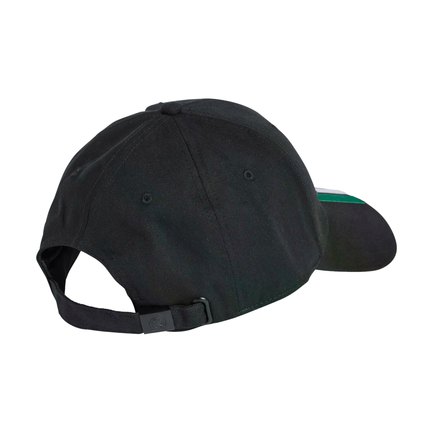 Rear-angled view of a black baseball cap featuring an adjustable back strap and a hint of a green and white brim on the side.