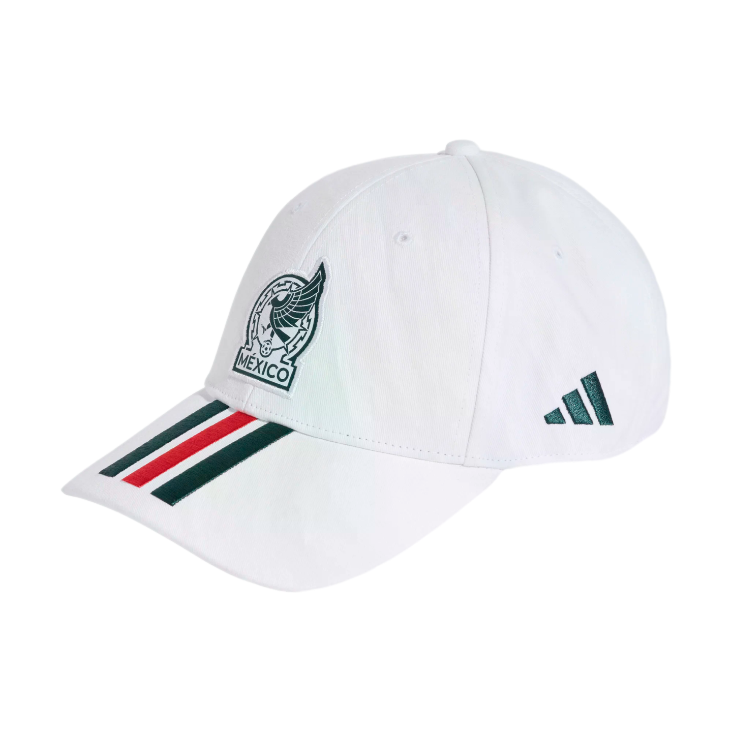A white Adidas baseball cap featuring the Mexico national football team crest on the crown and green and red stripes on the brim.