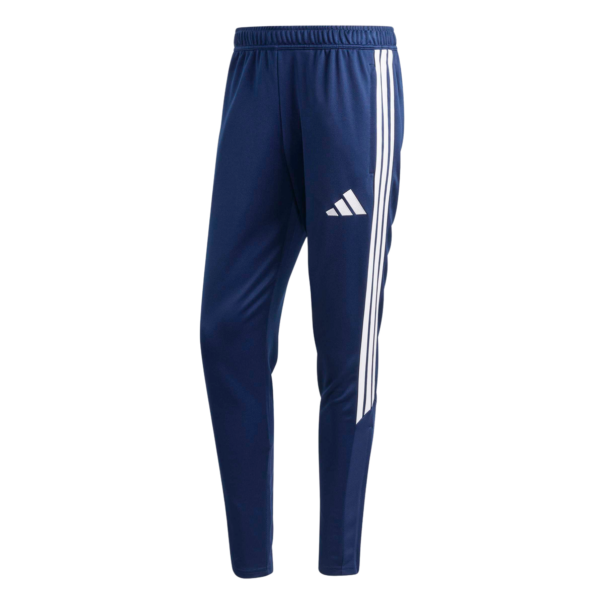 A pair of navy blue Adidas track pants with three white side stripes and a white logo on the left thigh.