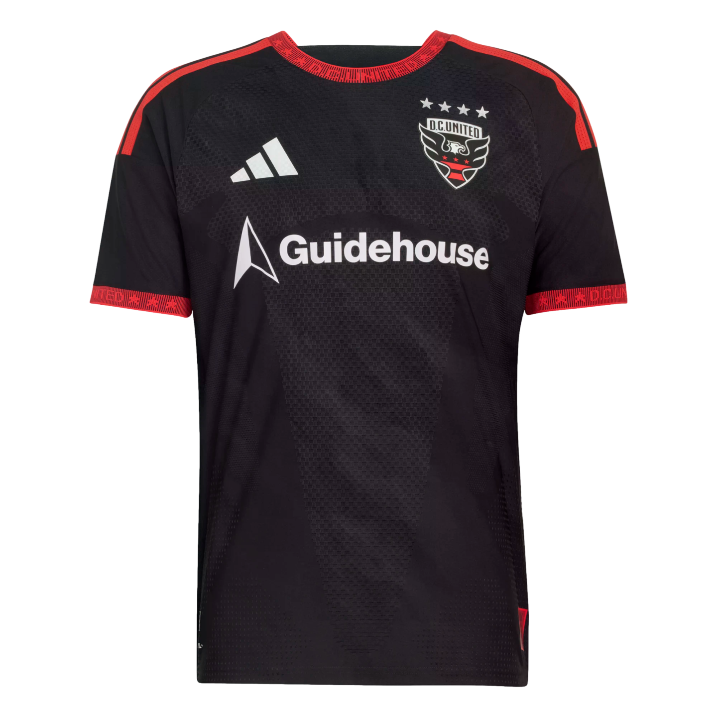 Black Adidas D.C. United soccer jersey with red trim and Guidehouse sponsor logo. Four stars sit above the team crest against a subtle textured background.