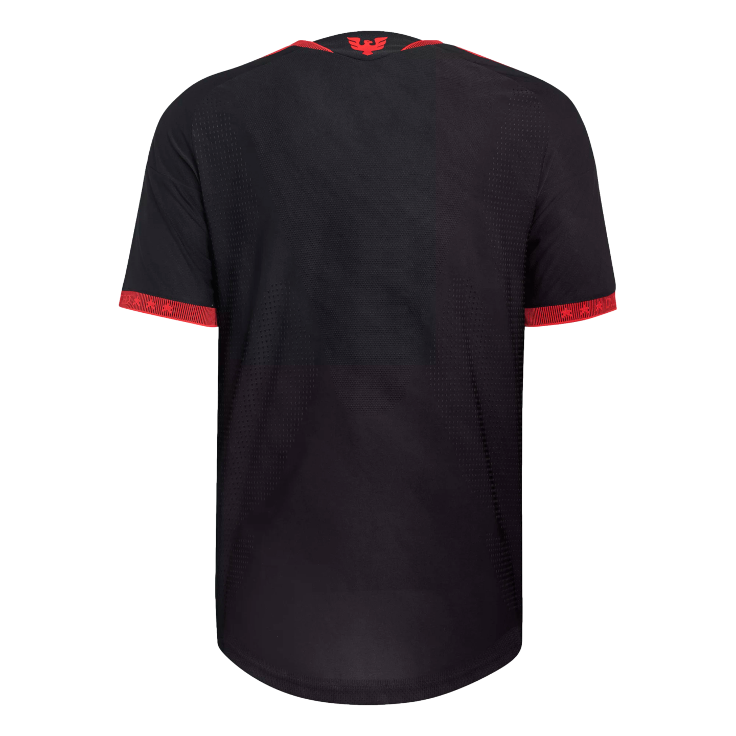 Back view of a black short-sleeved athletic jersey with red trim on the collar and cuffs, featuring a small red bird logo on the upper back.
