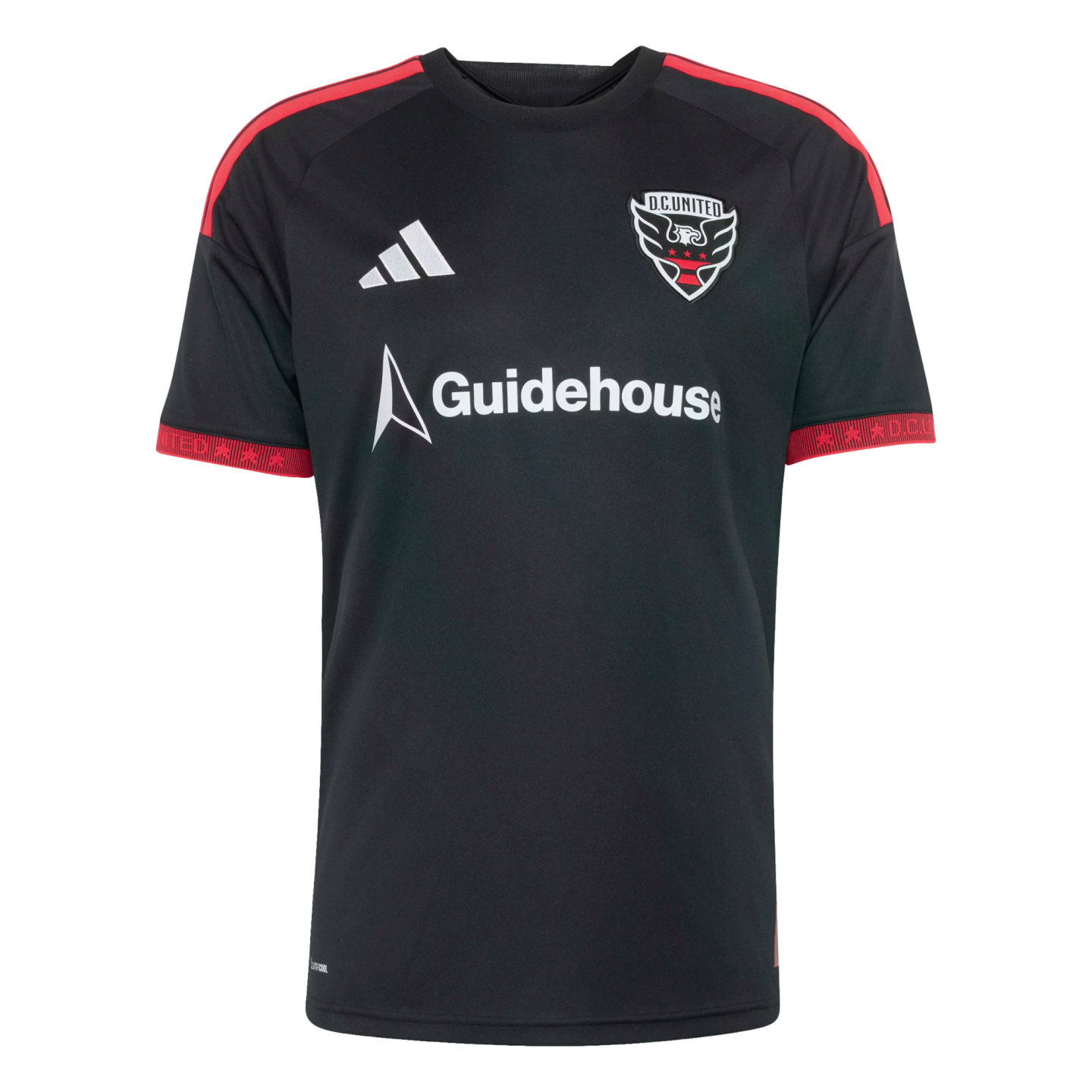 A black D.C. United soccer jersey featuring white Adidas and Guidehouse logos, with red stripes on the shoulders and red patterns on the sleeve cuffs.