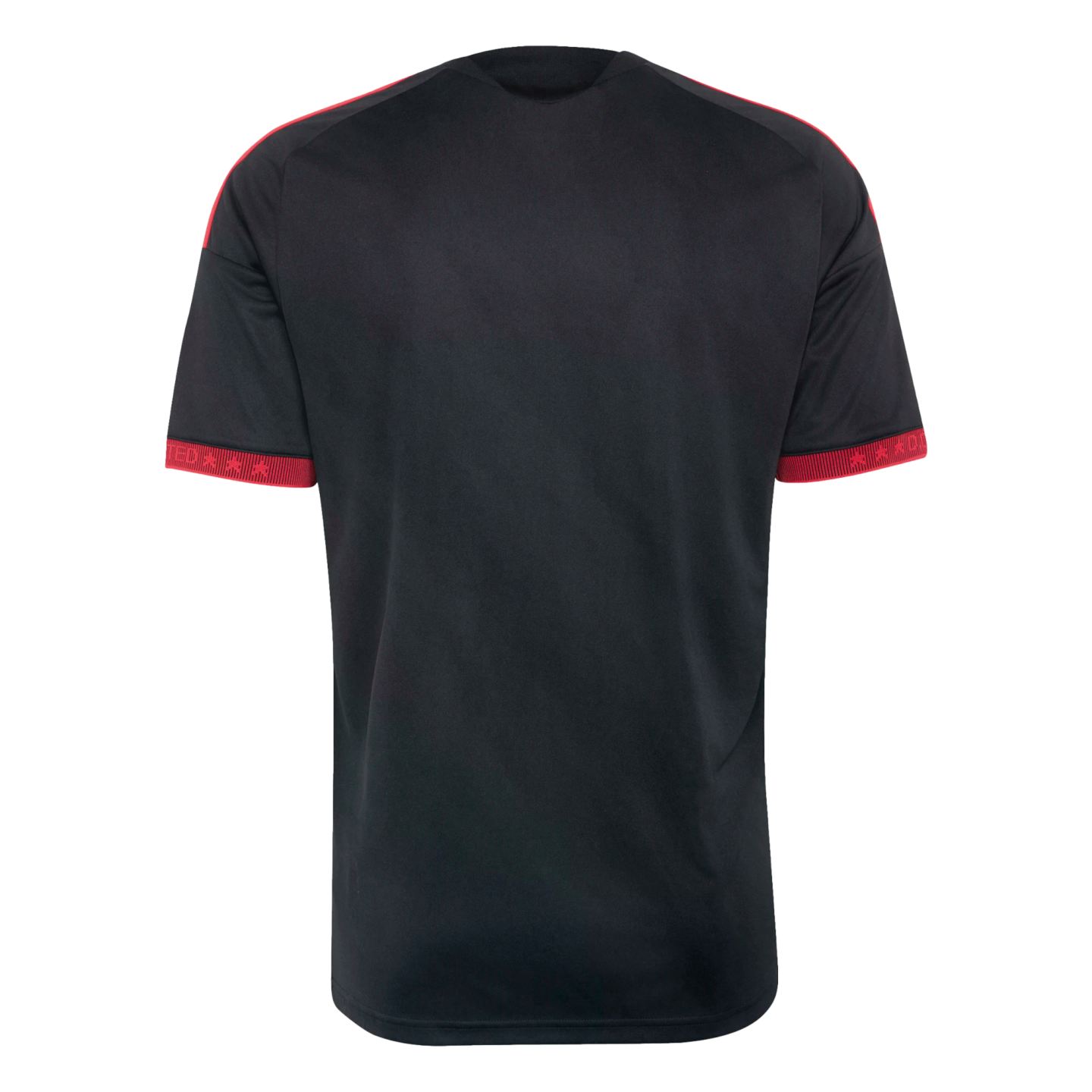 Back view of a black short-sleeved jersey with red shoulder stripes and red cuffs featuring stars and text.