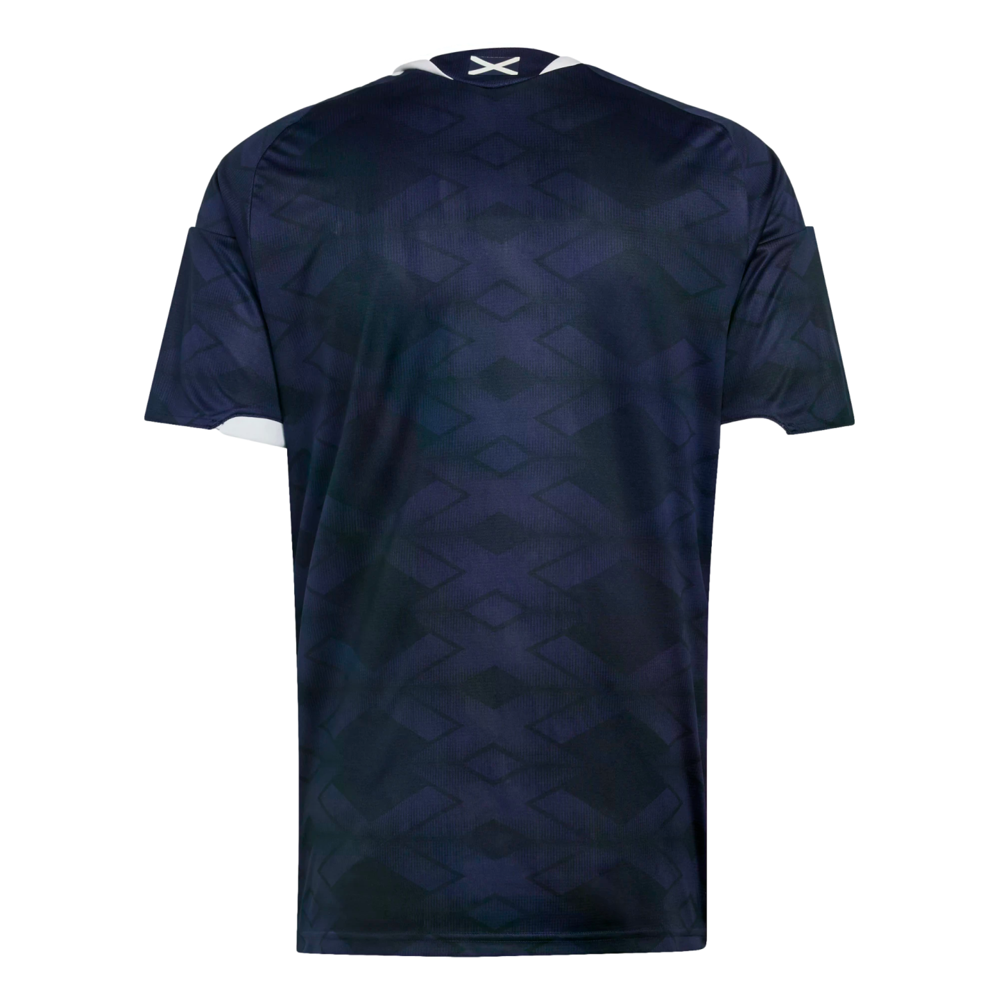 Back view of a navy blue sports jersey with a subtle, repeating geometric cross pattern and a small white X emblem on the back collar.