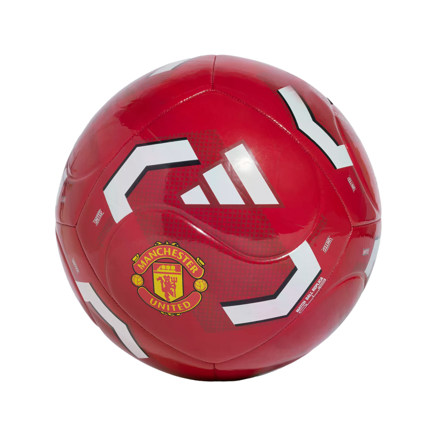 A red Manchester United soccer ball featuring the club's crest, white Adidas logo, and geometric patterns.