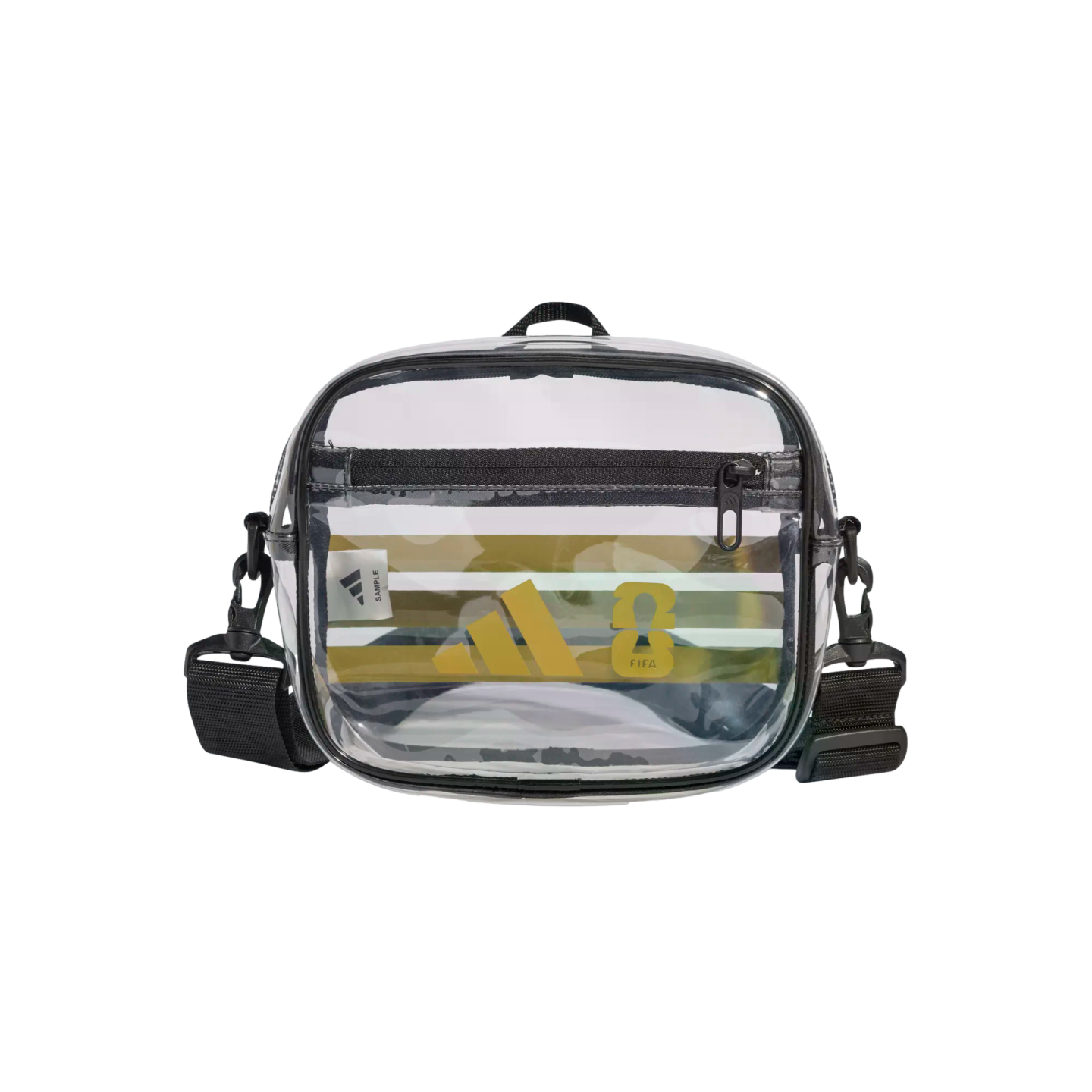 Transparent Adidas crossbody bag with black trim and strap, featuring a yellow logo and striped pattern on the front.