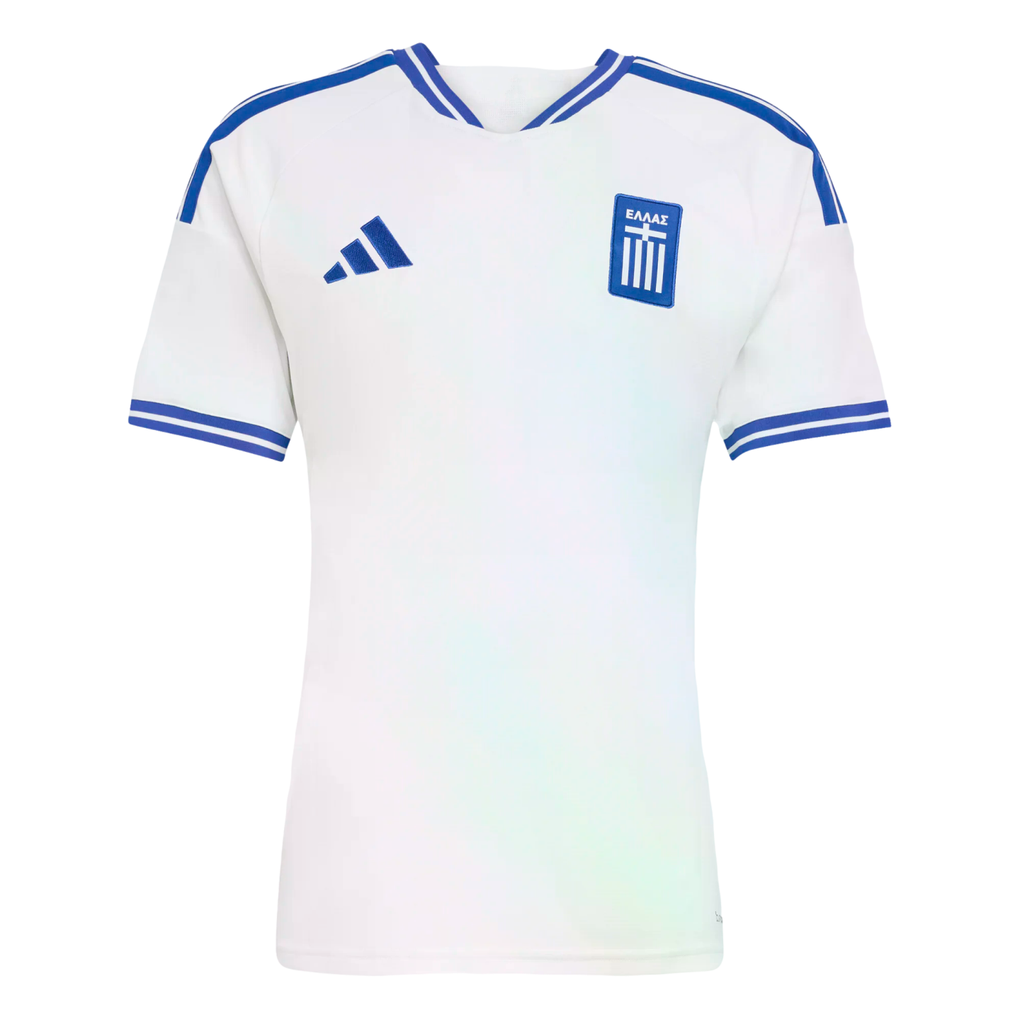 White Adidas Greece national football team jersey with blue details: a Greek crest, Adidas logo, and striped collar and sleeve cuffs.