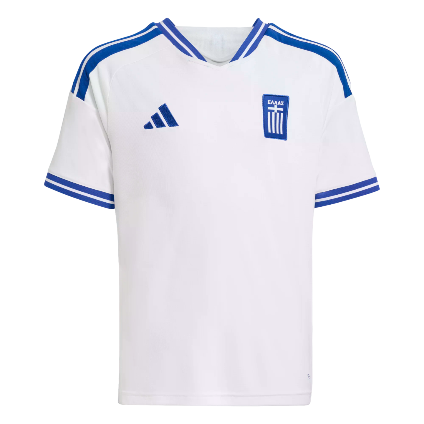 White Greece national team soccer jersey by Adidas with blue accents on the collar, sleeves, and shoulders, featuring the team crest on the chest.