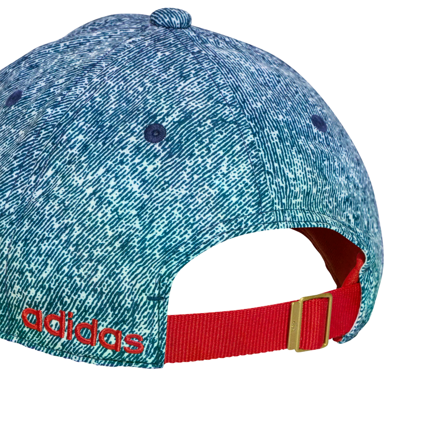 Back view of a blue and white patterned baseball cap with red "adidas" embroidery and a red adjustable strap with a gold buckle.