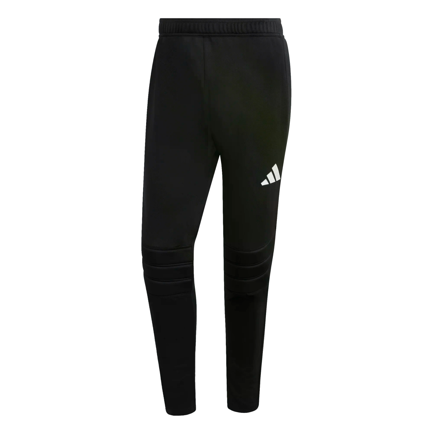 A pair of tapered black Adidas joggers with a white logo on the thigh and ribbed knee detailing, set against a solid black background.