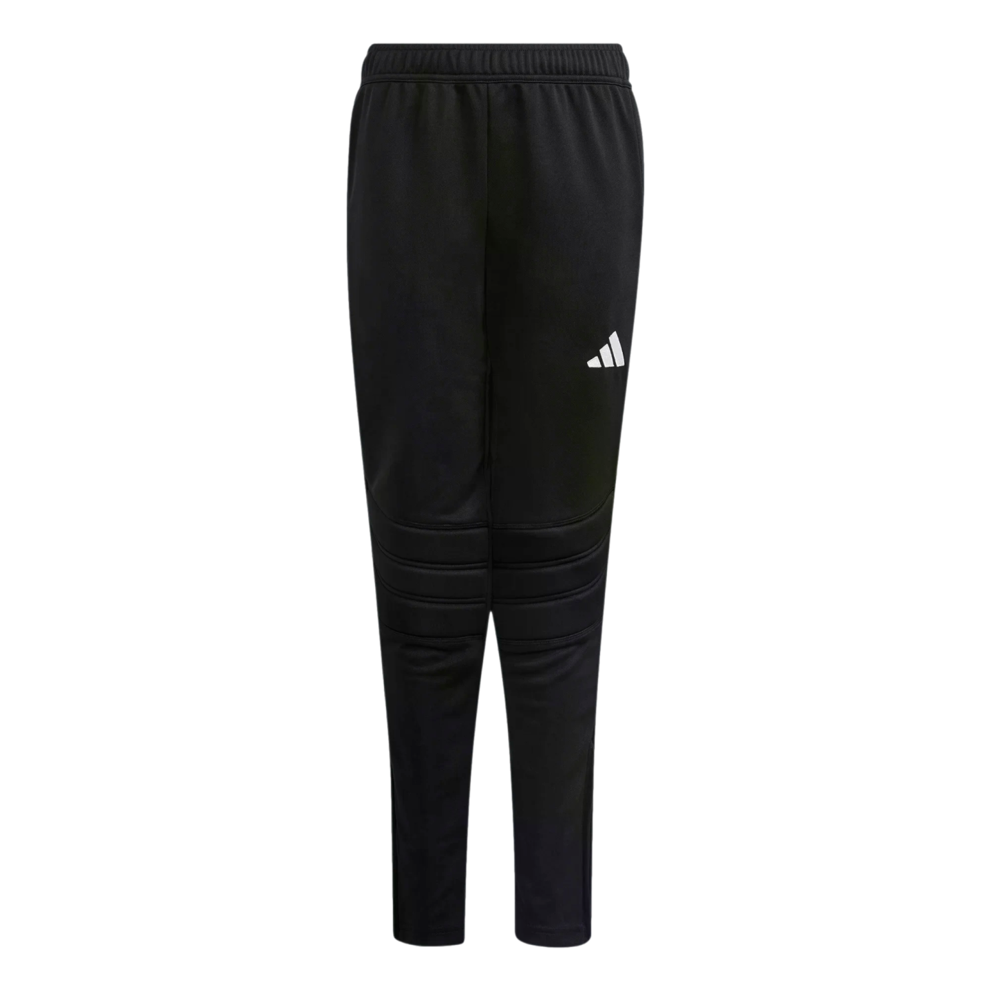 Black Adidas athletic pants with a white logo on the thigh and ribbed knee padding, shown against a solid black background.