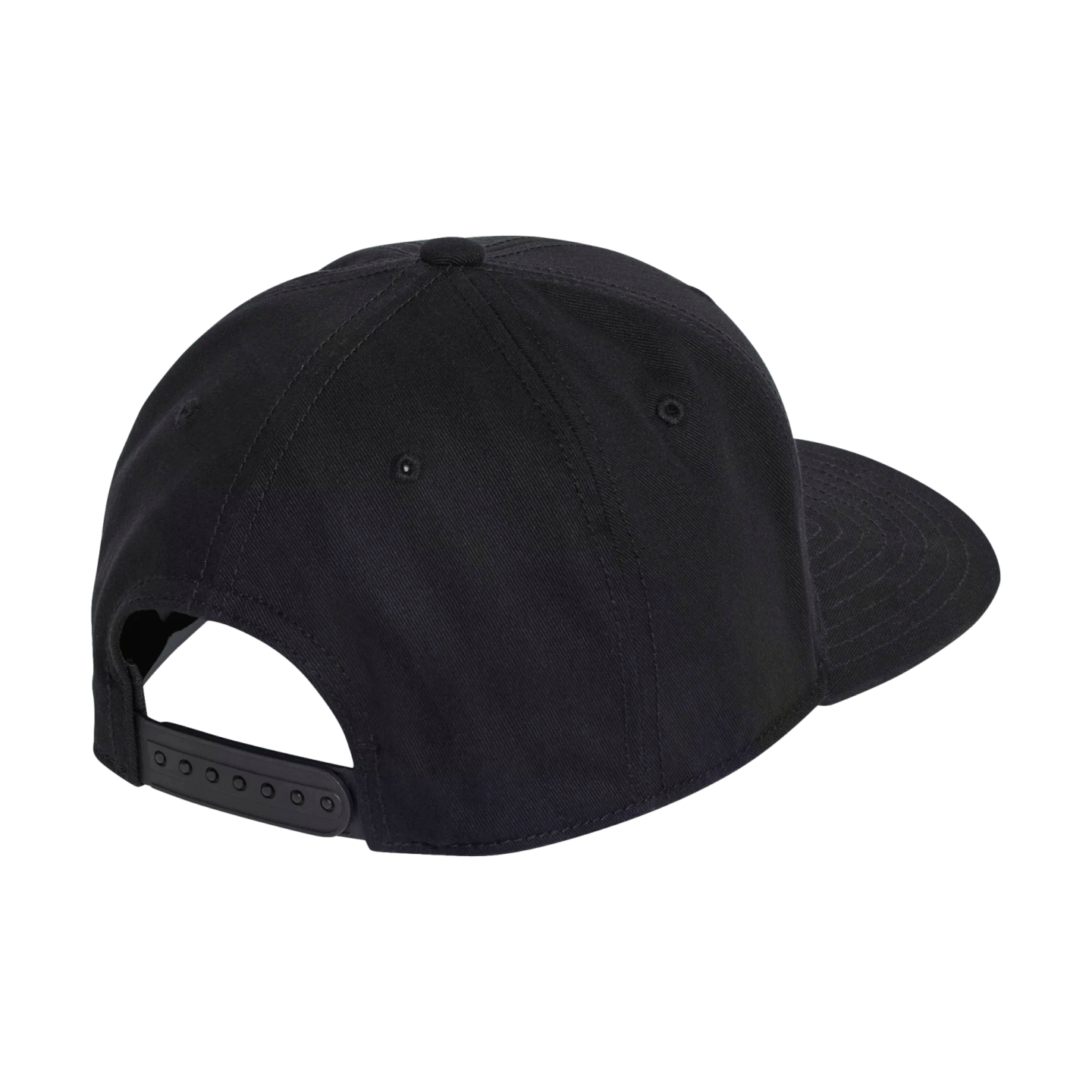 Rear view of a solid black snapback baseball cap with a flat brim and adjustable plastic strap.