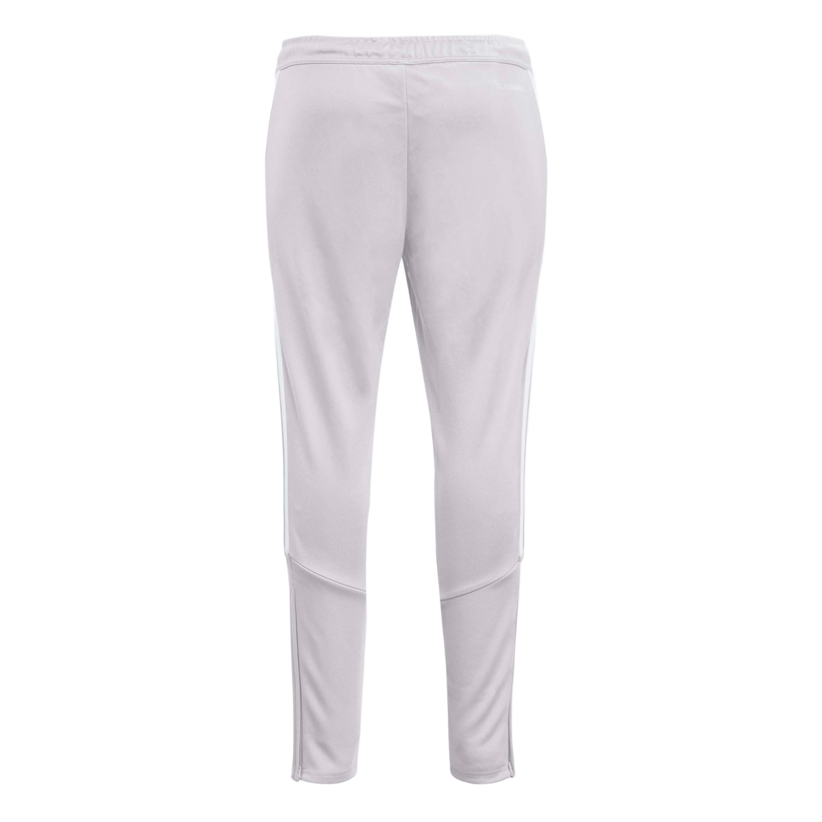 The back of a pair of light lavender track pants with white side stripes, an elastic waistband, and mesh panels with zippers at the bottom of the legs.