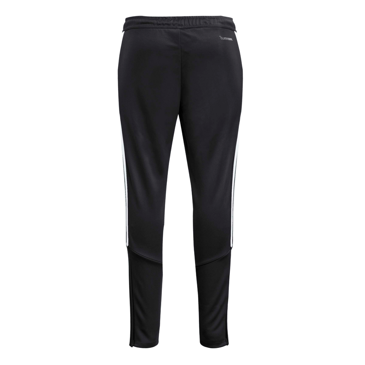 Back view of black tapered track pants featuring three white stripes along the sides, a "CLIMACOOL" logo on the hip, and textured lower leg panels.