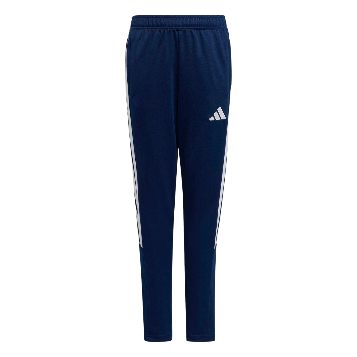 Navy blue Adidas track pants with white three-stripes on the sides and a white logo on the right thigh. Featuring an elastic waistband and tapered legs.