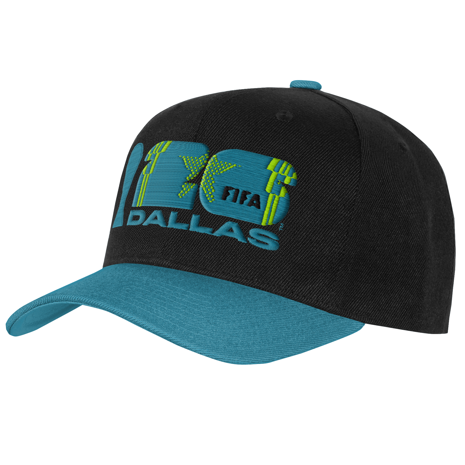 A black baseball cap with a teal bill and button. The front features a large embroidered logo with the number "26" in teal and lime green, containing the word "FIFA" and a star pattern. Below the numbers, the word "DALLAS" is embroidered in teal.