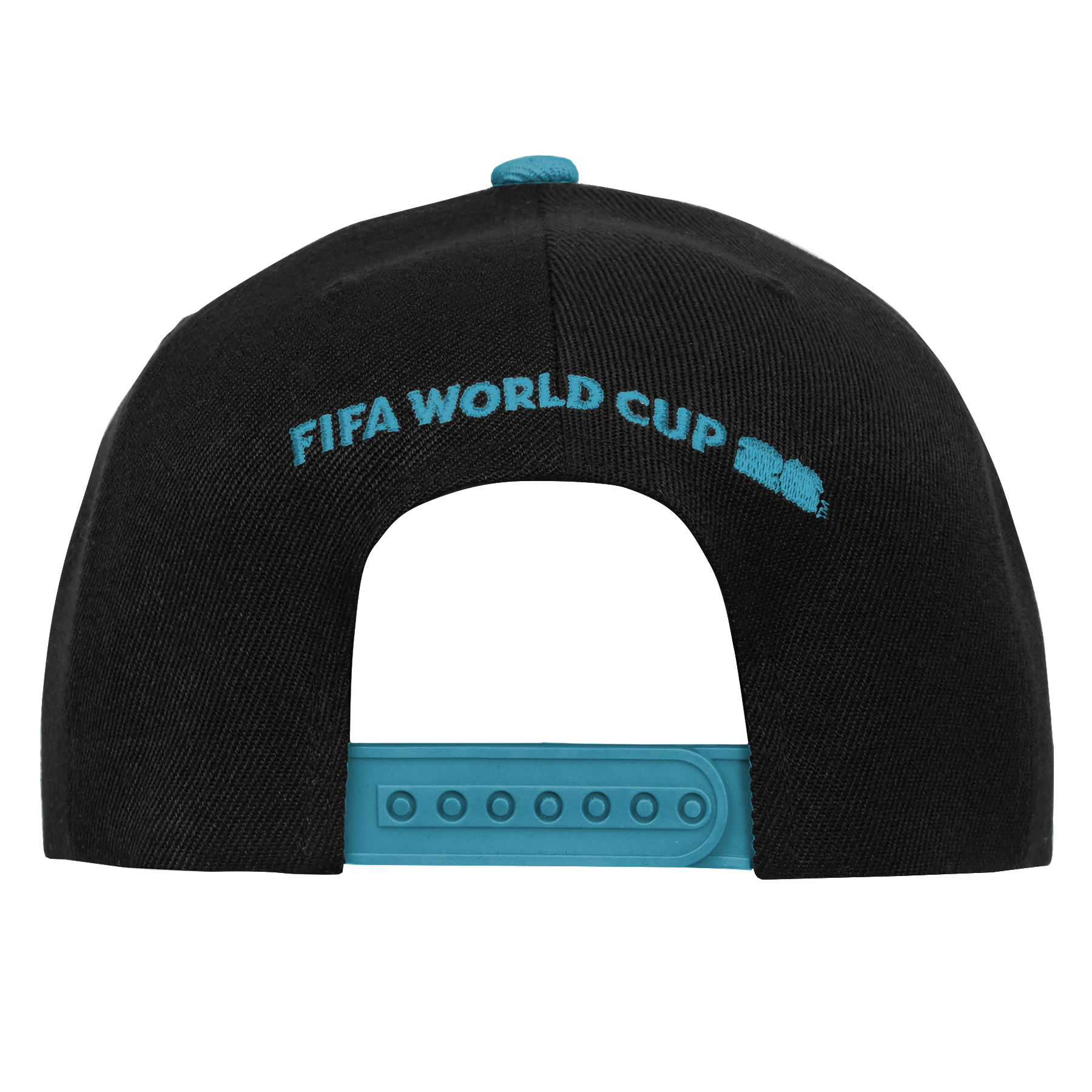 A rear view of a black baseball cap featuring a teal-colored snapback closure, top button, and "FIFA WORLD CUP" text embroidered in teal above the back opening.
