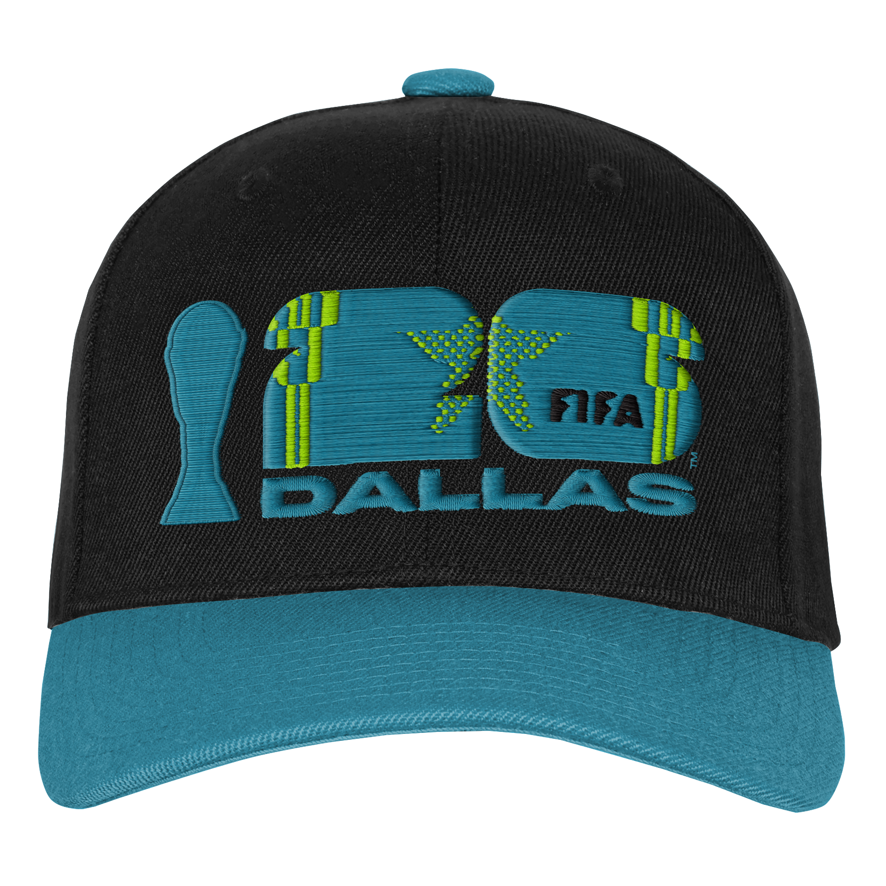 A black baseball cap with a teal brim, featuring a large teal and lime green embroidered logo on the front that includes the number "26," the word "DALLAS," the FIFA logo, and a stylized trophy icon.
