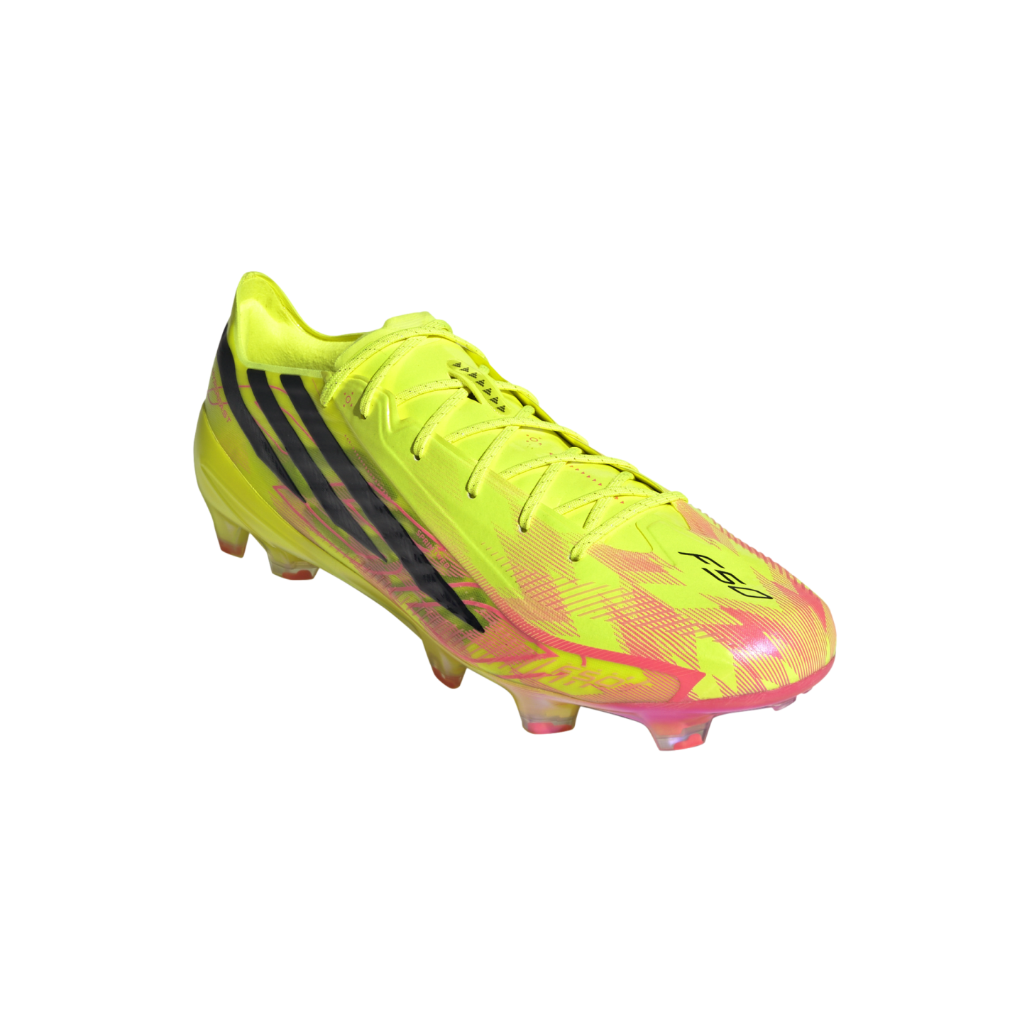 A neon yellow Adidas F50 soccer cleat featuring black stripes and pink accents, displayed at an angle against a solid black background.