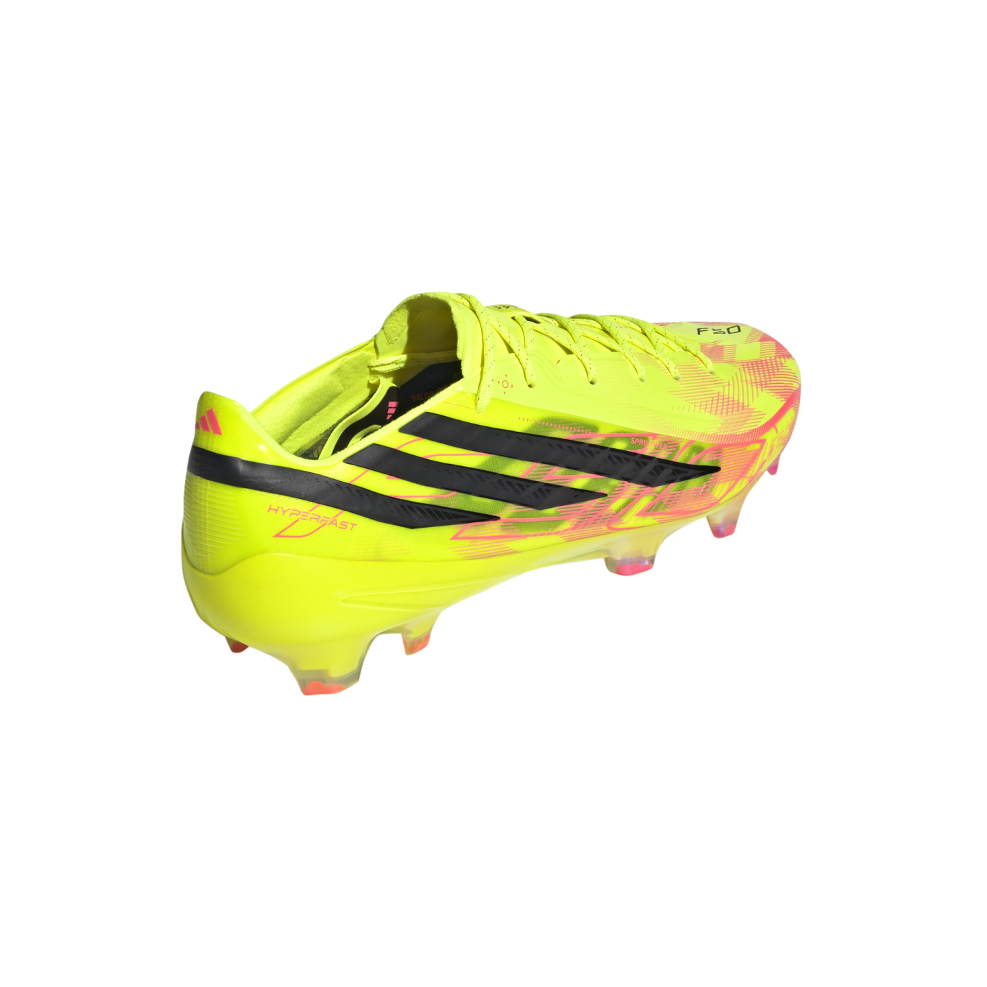 A bright yellow Adidas F50 soccer cleat with black stripes and pink accents, shown from a rear-side angle against a solid black background.