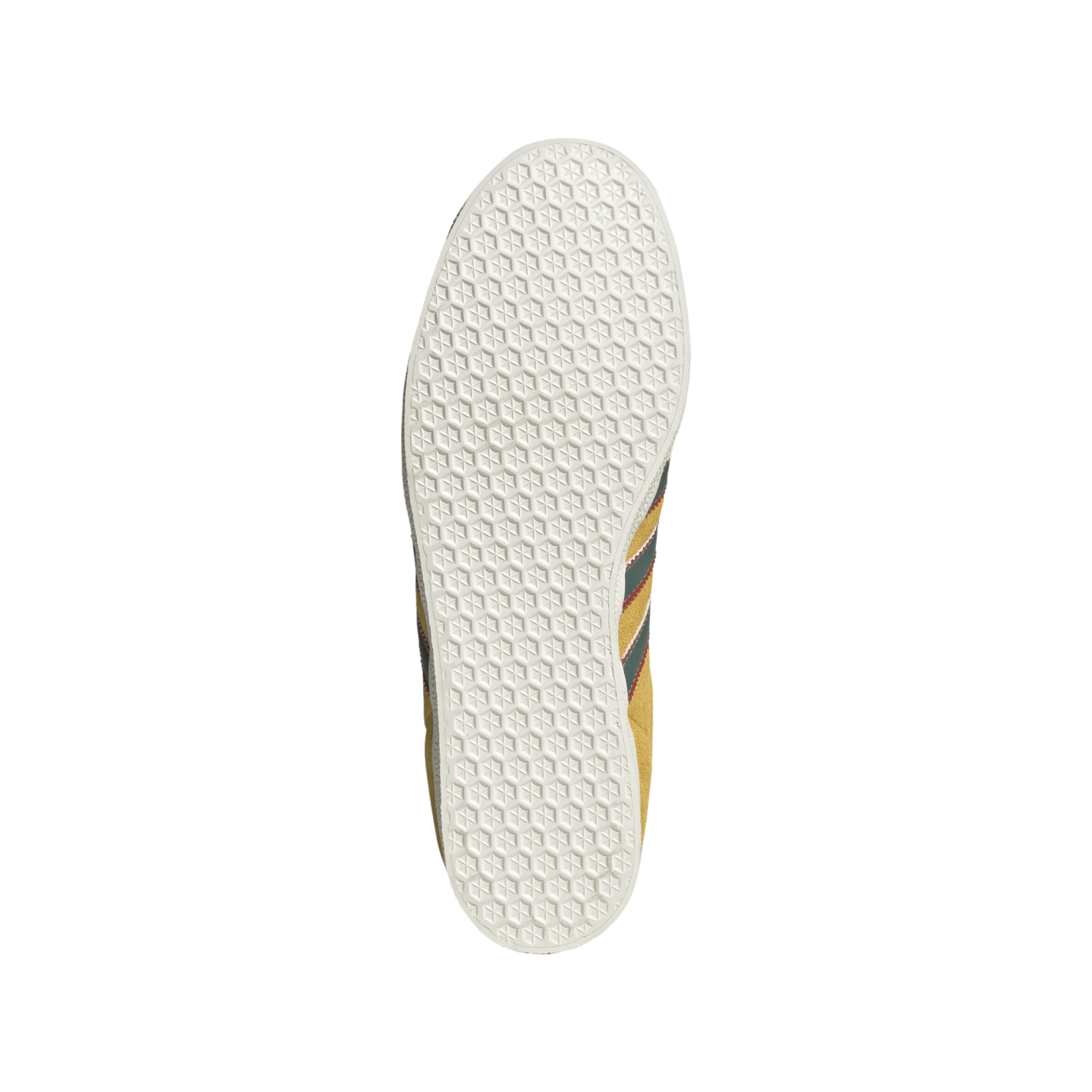 An overhead view of the white, hexagonal-patterned rubber sole of a yellow and grey sneaker against a solid black background.