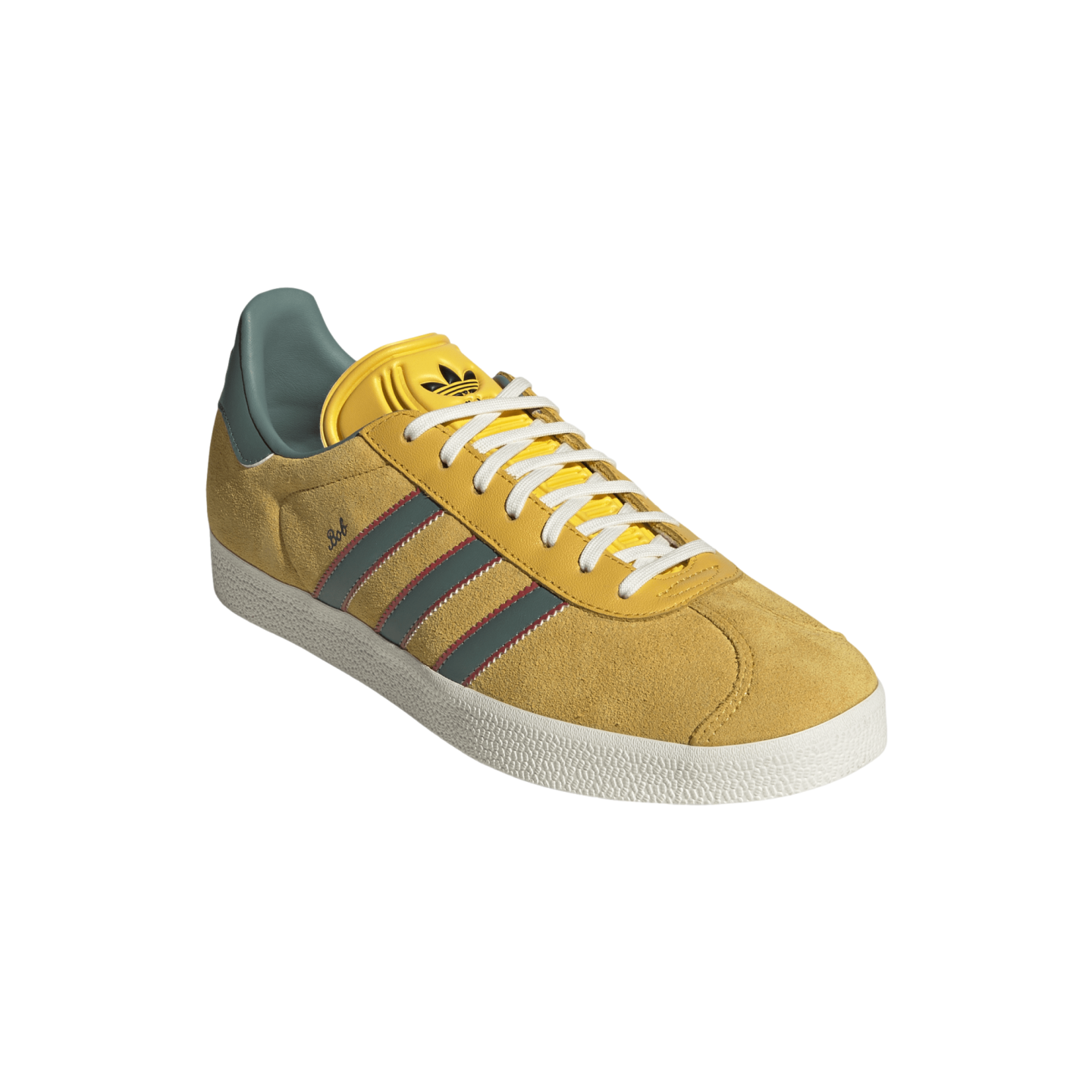Yellow suede Adidas sneaker with three teal stripes accented in red, white laces, a white sole, and gold "Bob" script on the side.