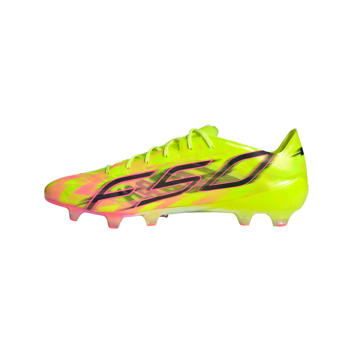 A neon yellow Adidas F50 soccer cleat with pink and black accents and "F50" lettering on the side, shown from a side profile against a black background.