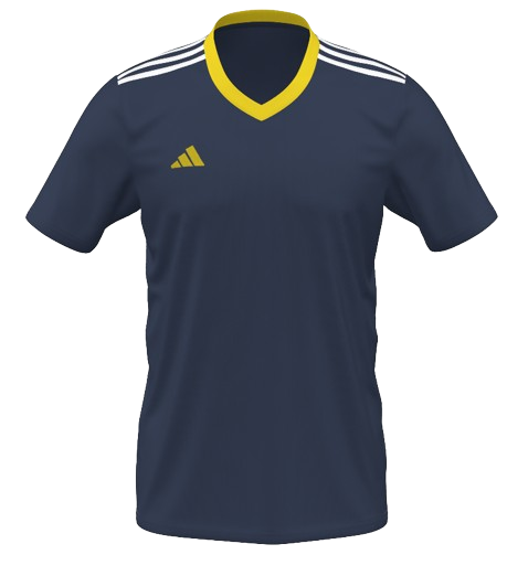 Navy blue Adidas soccer jersey featuring a yellow V-neck, a yellow logo on the right chest, and three white stripes along the shoulders.