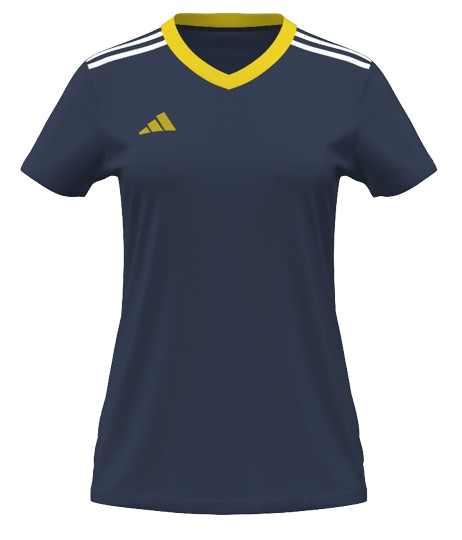 Women's navy blue Adidas sports jersey with a yellow V-neck collar, yellow logo, and white stripes on the shoulders.