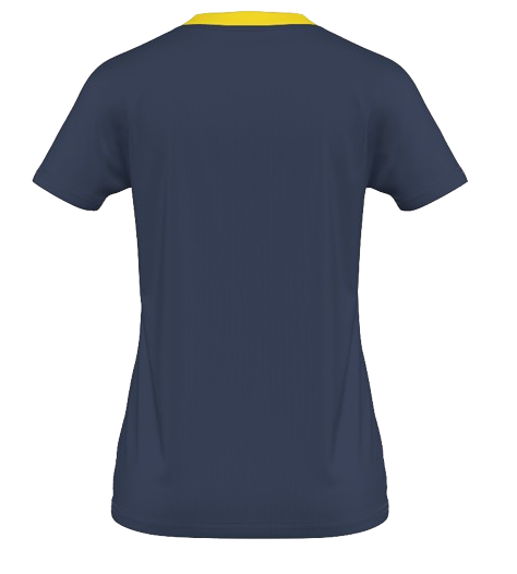 Back view of a navy blue short-sleeved t-shirt featuring a bright yellow crew-neck collar.