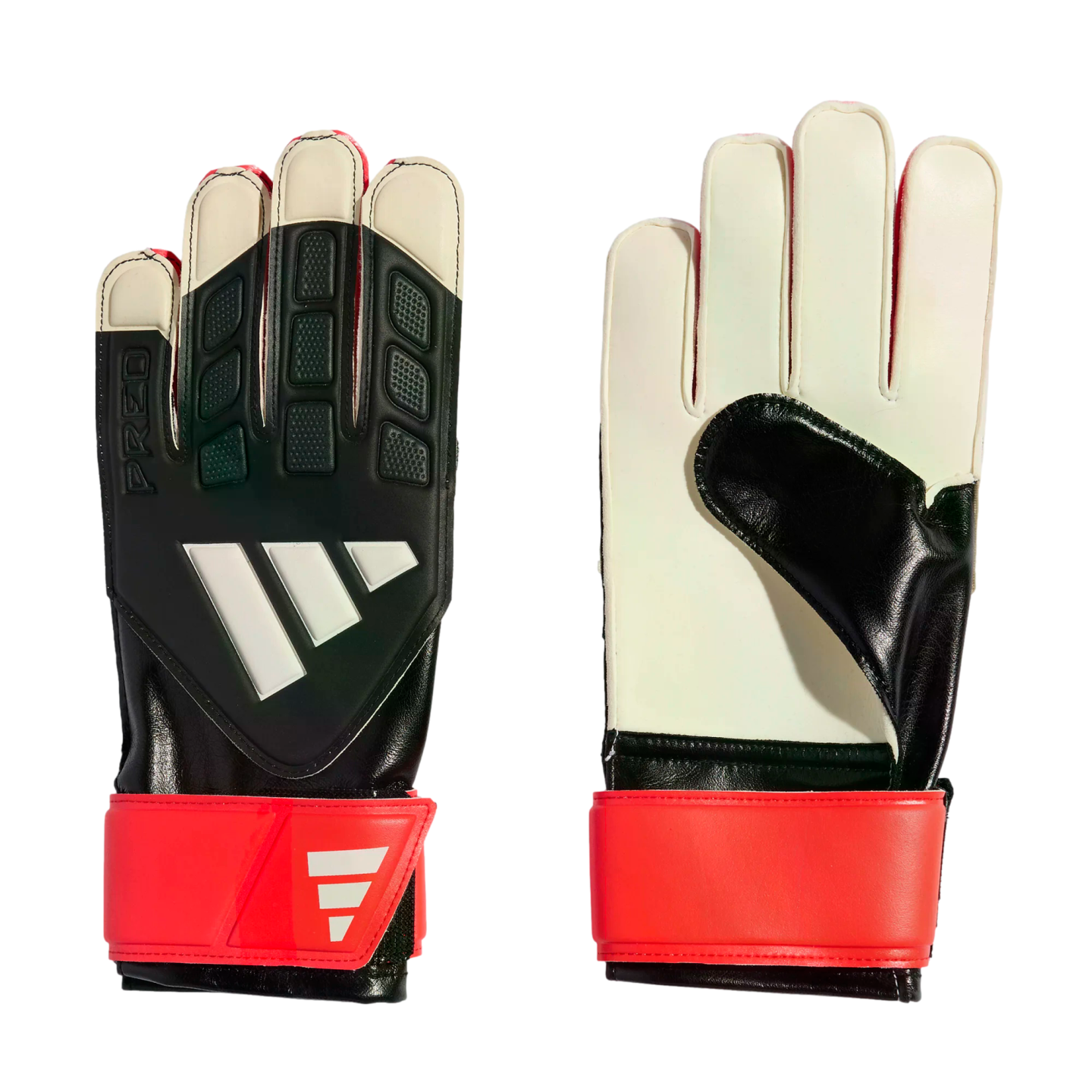 Adidas goalkeeper gloves in black, white, and red, shown from both the textured backhand with white stripes and the white palm side.