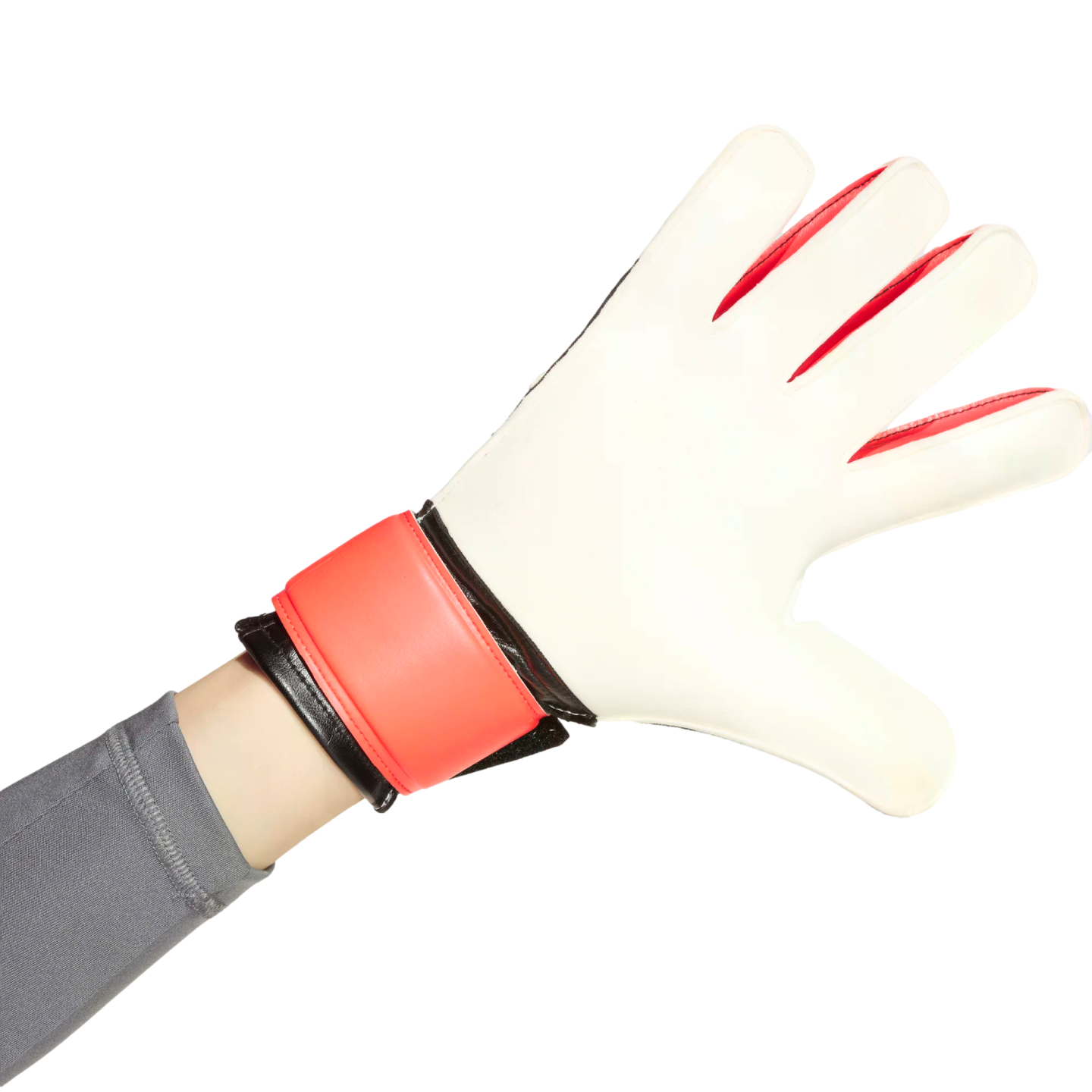 A hand wearing a white and red soccer goalkeeper glove with fingers spread wide.