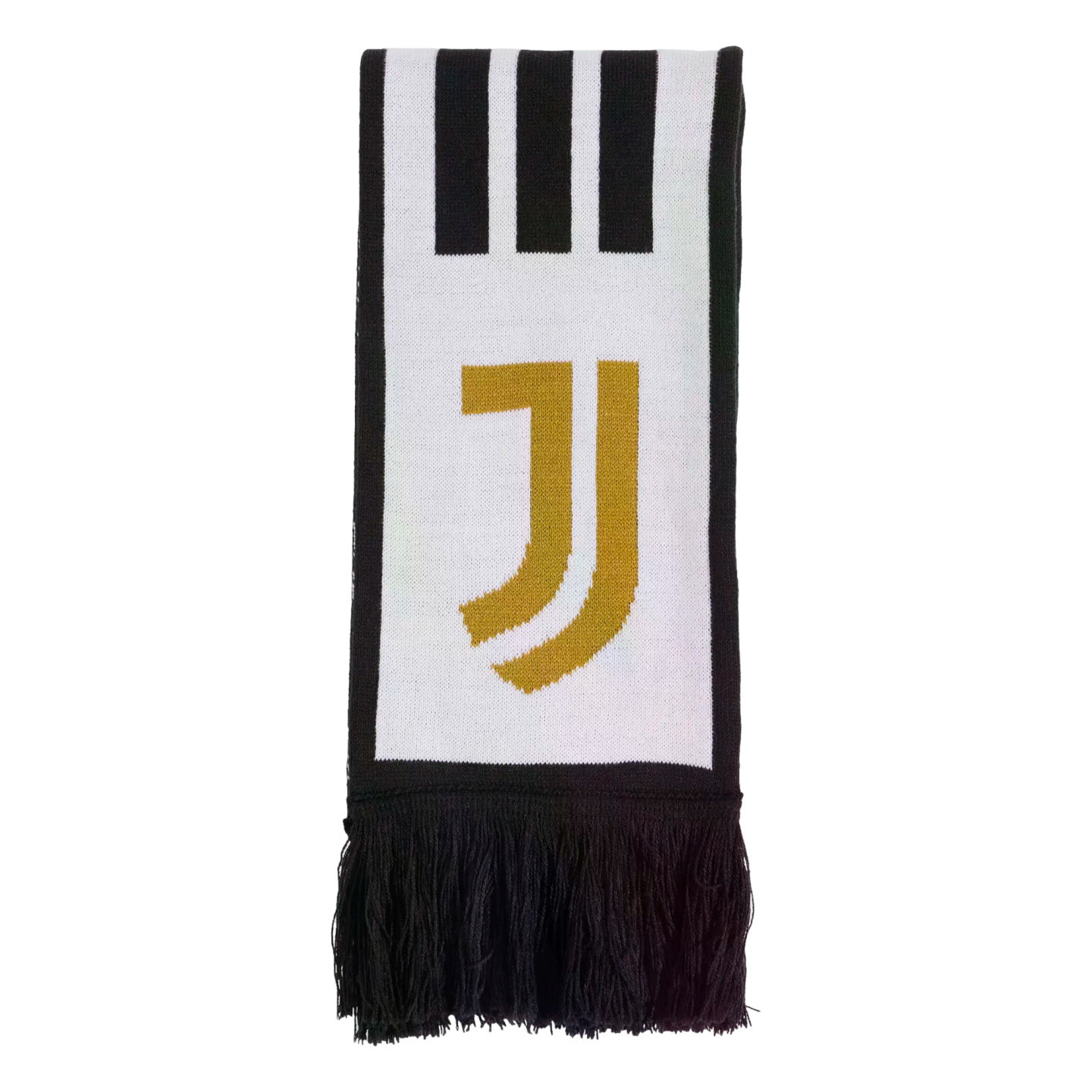 White Juventus football scarf featuring a gold stylized 'J' logo, three black stripes at the top, and black fringe.