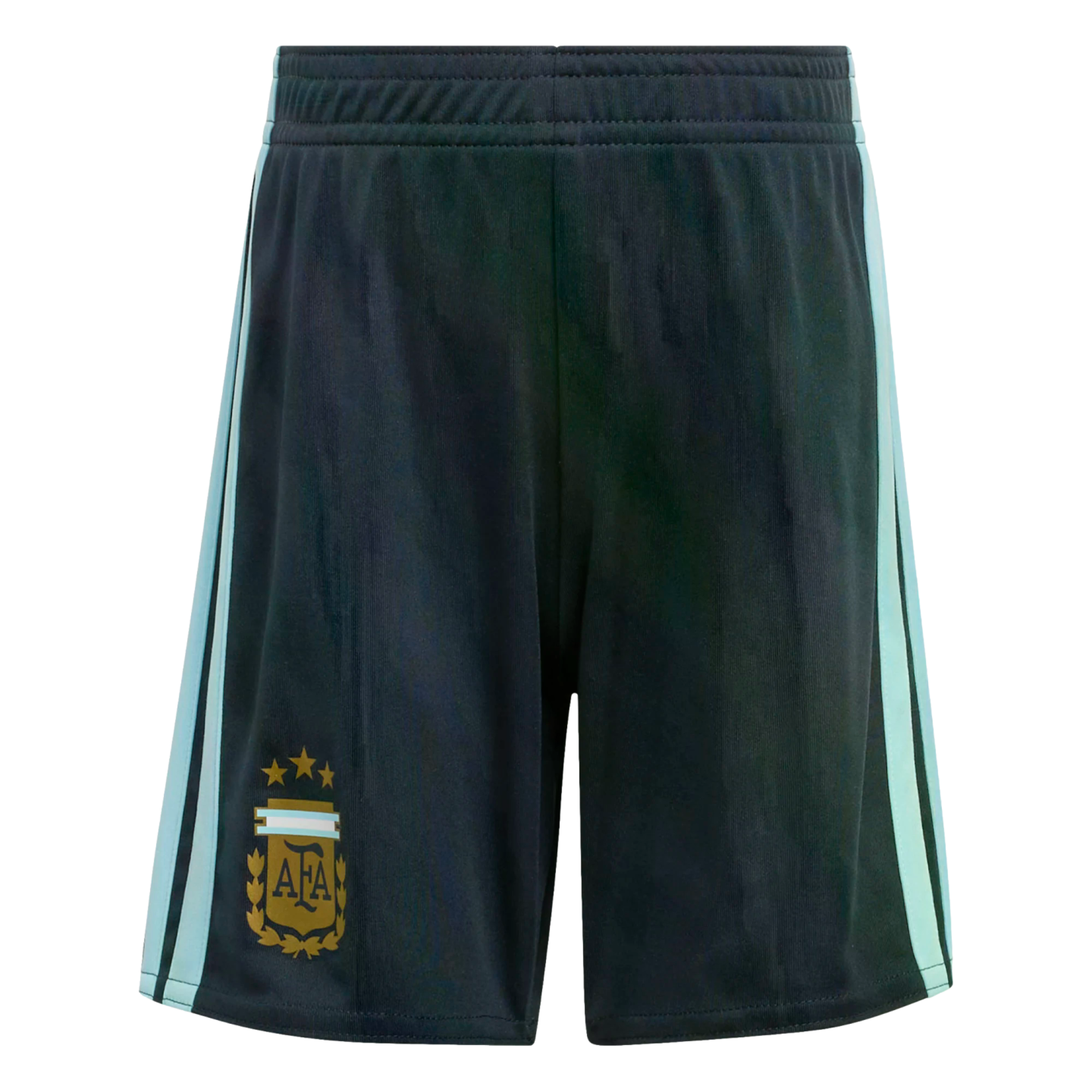 Navy blue soccer shorts with light blue side stripes and the Argentina (AFA) crest with three stars on the bottom left.