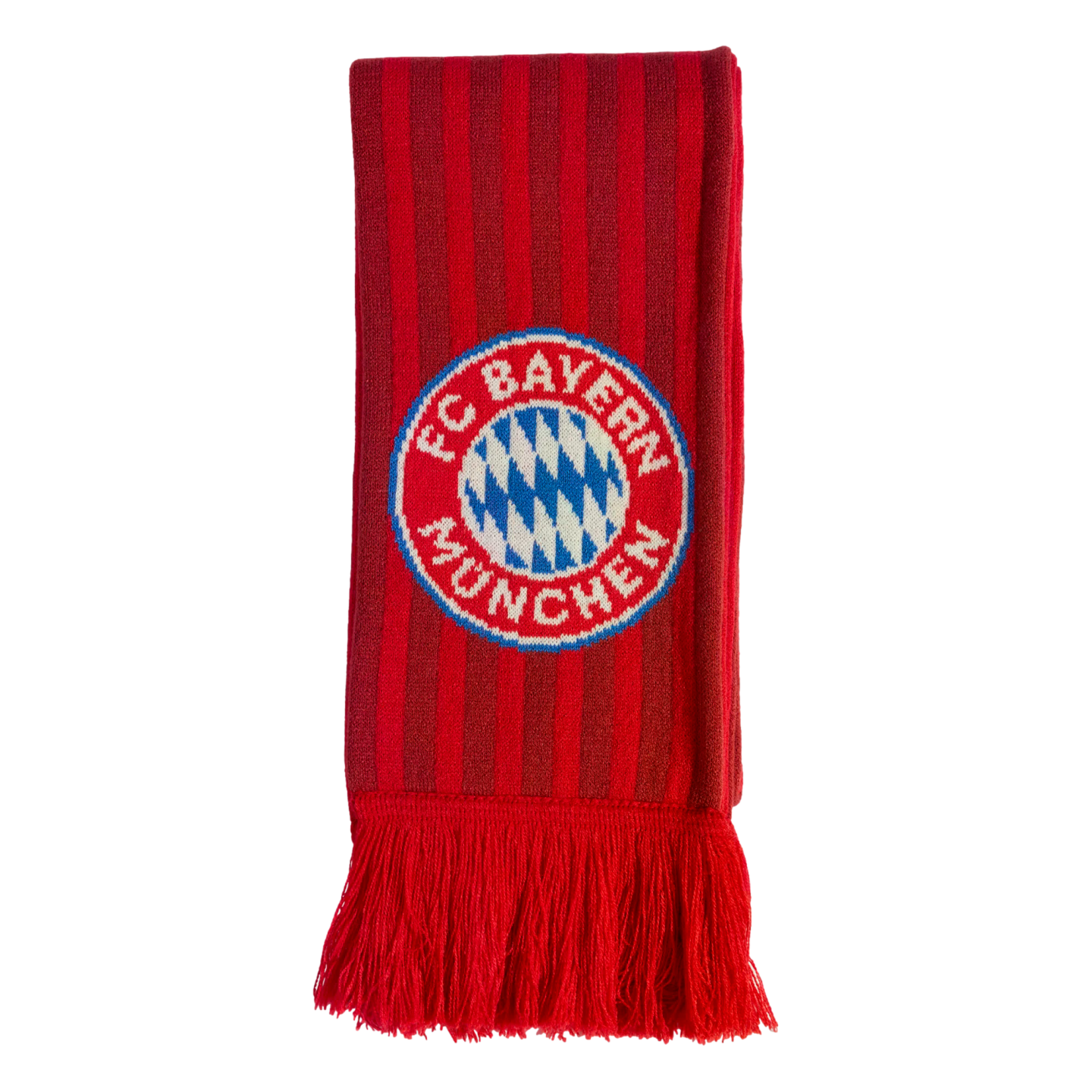Red and maroon striped knit scarf featuring the FC Bayern München club crest and red fringe.