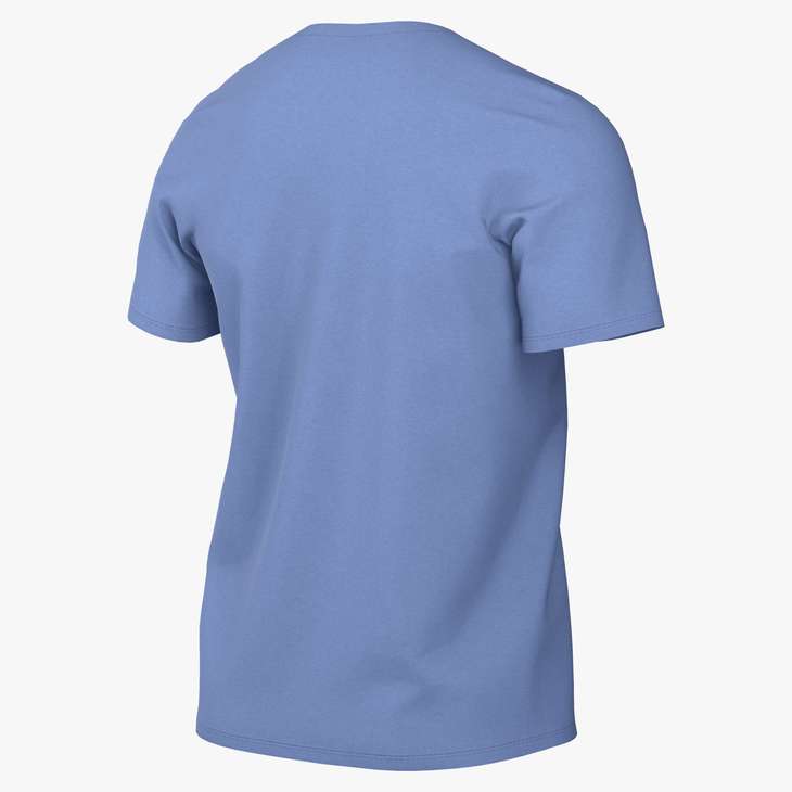 Back view of a plain, light blue short-sleeve t-shirt.