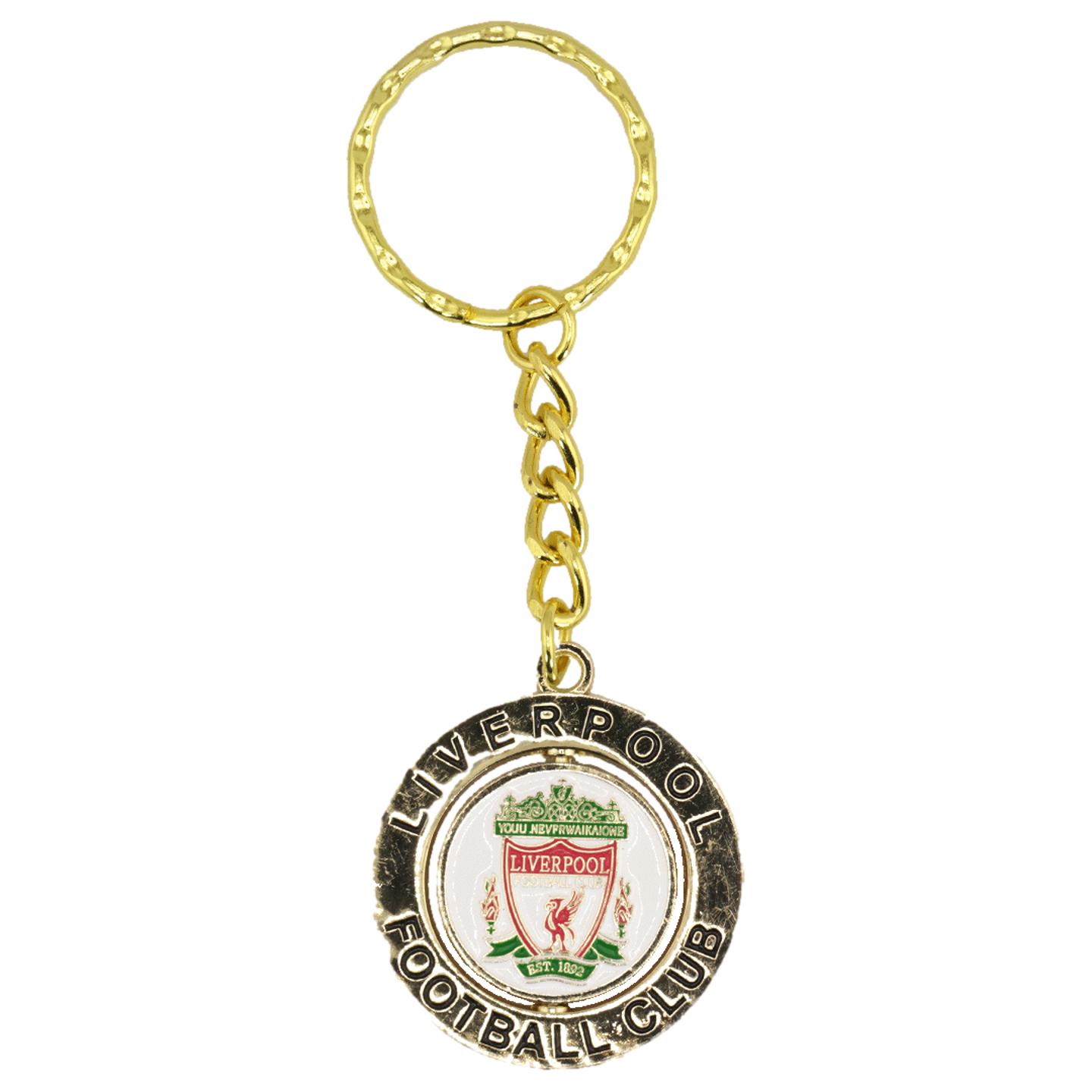 Gold keychain with a circular pendant featuring the Liverpool FC crest and the words "LIVERPOOL FOOTBALL CLUB" around the rim.