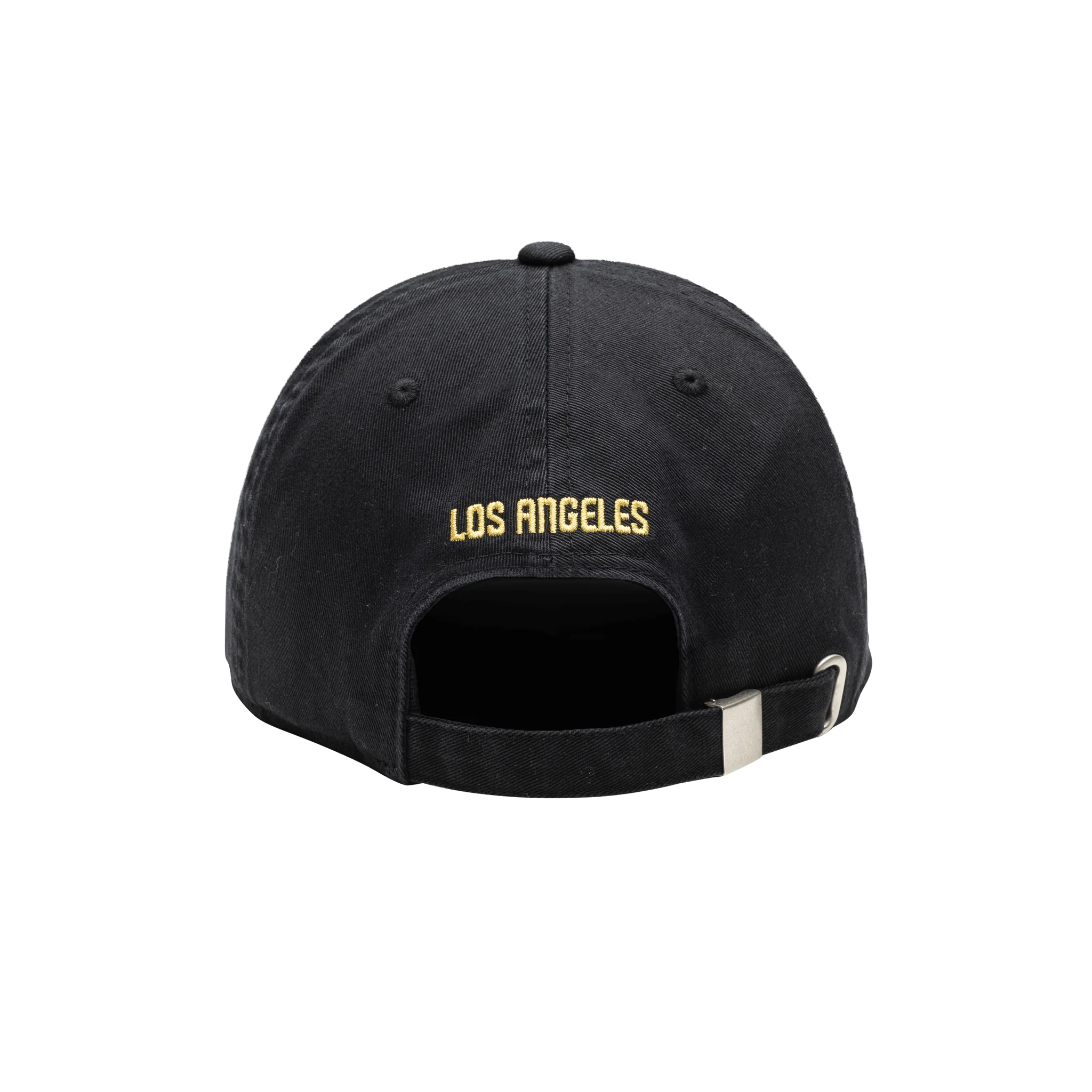 The back view of a black Fan Ink Los Angeles FC Bambo Classic Hat, featuring "LOS ANGELES" embroidered in yellow text and an adjustable strap with a silver buckle.