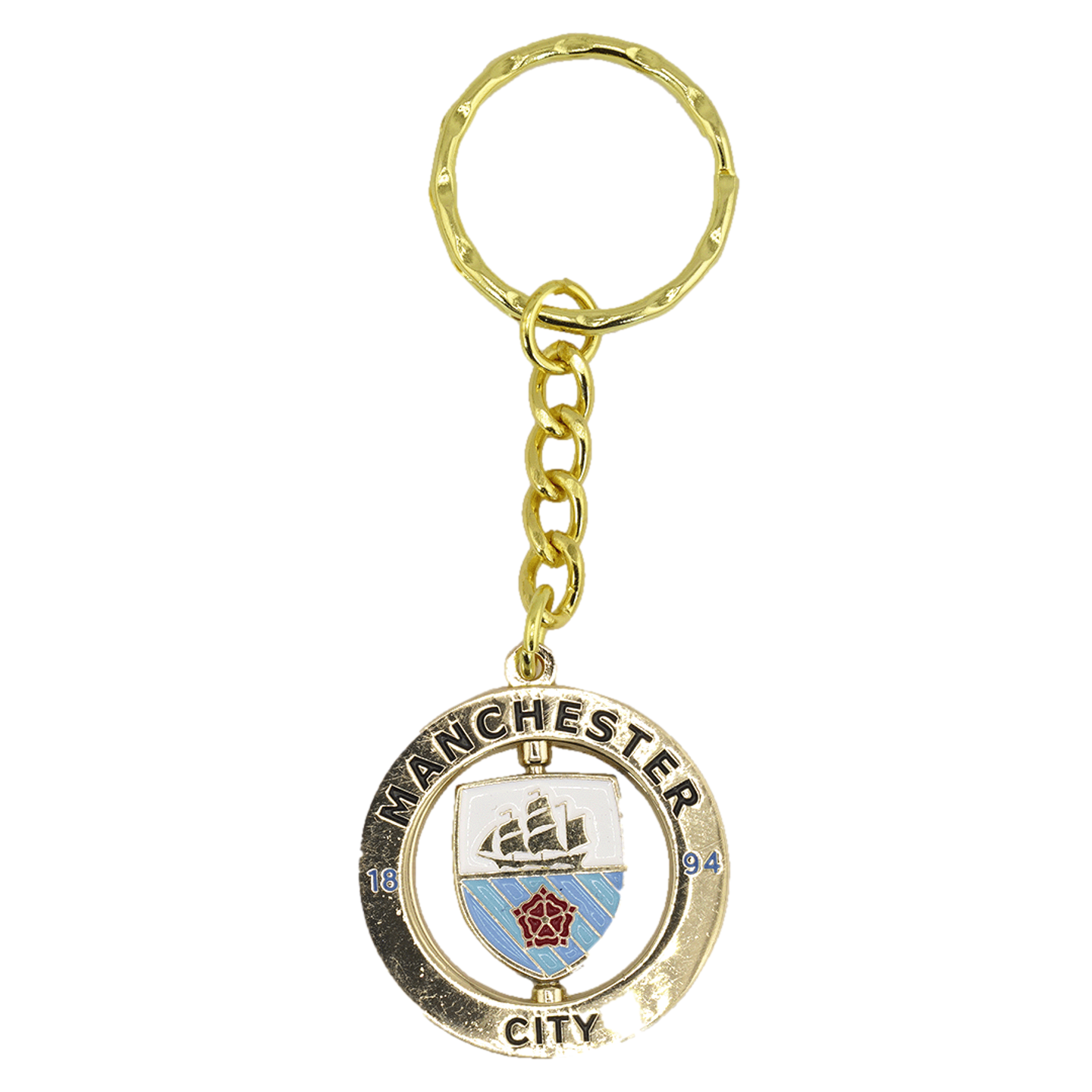 Gold Manchester City FC spinner keychain with the club crest on a rotating shield inside an engraved circular frame, attached to a chain and ring.