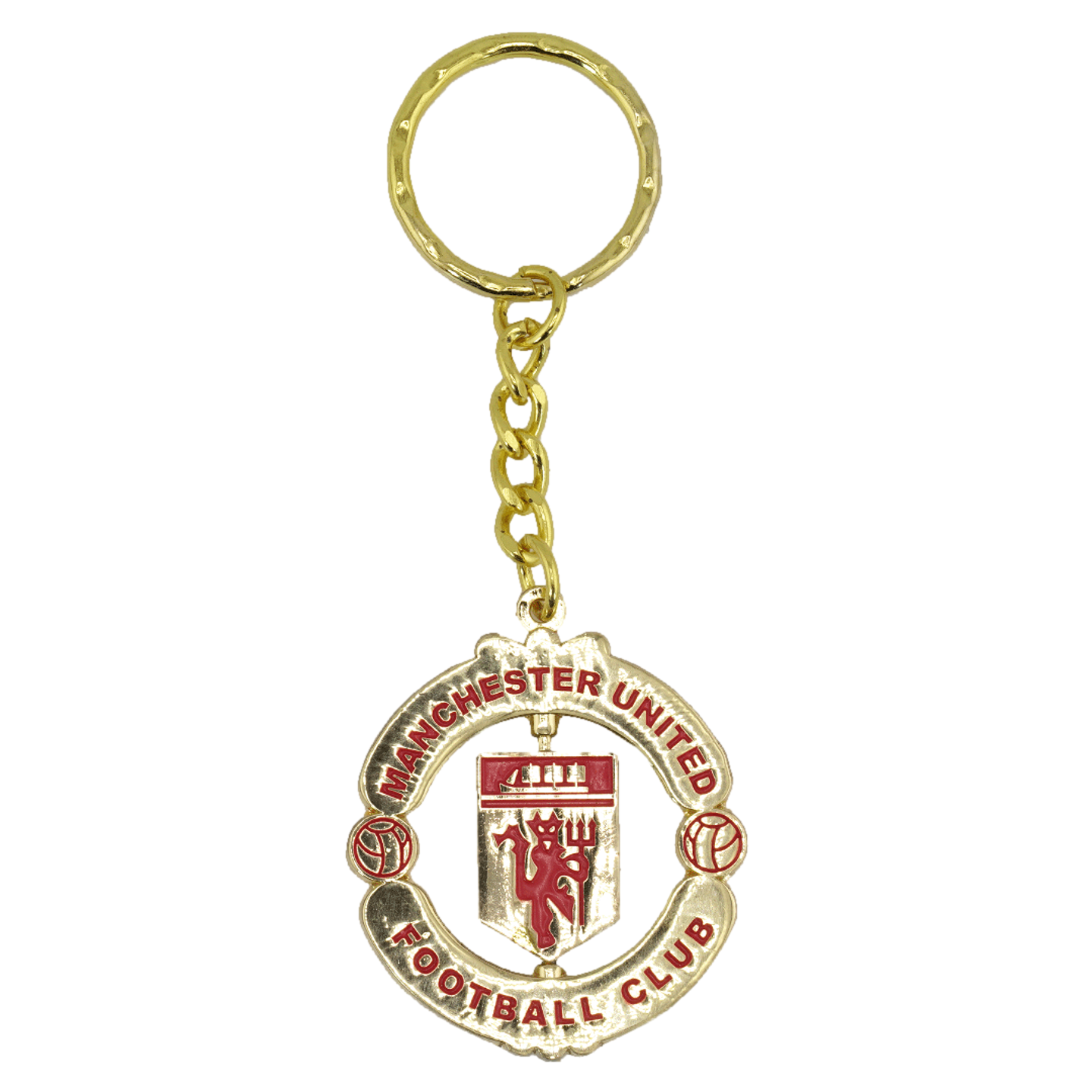 Gold Manchester United keychain featuring a rotating central crest inside a ring inscribed with the club's name in red letters.