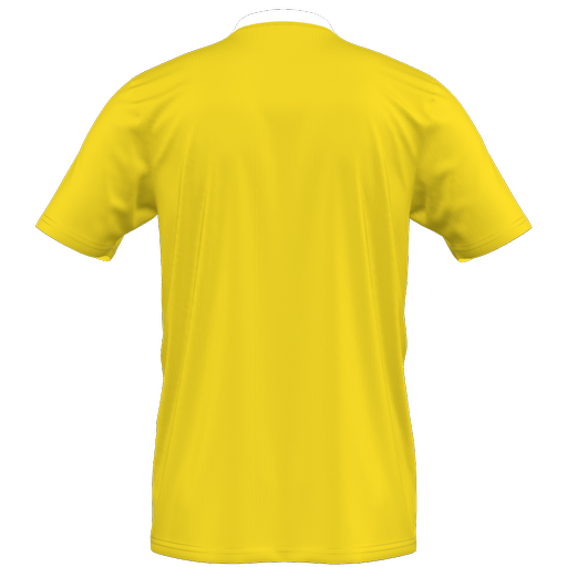 Back view of a blank yellow short-sleeved jersey with a white collar.