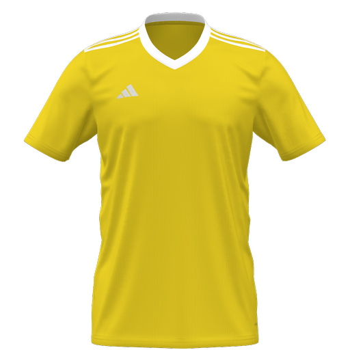 Bright yellow Adidas soccer jersey with a white V-neck, white shoulder stripes, and a white logo on the chest.