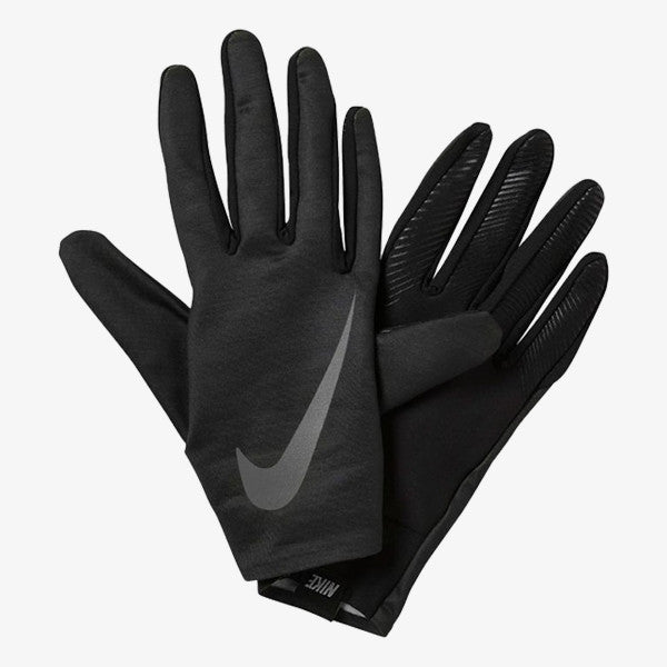 Pair of black Nike athletic gloves. One glove shows a large grey swoosh on the back; the other shows a textured palm for grip.