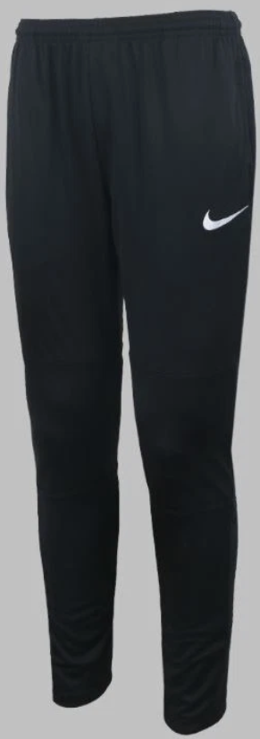 Black Nike track pants with a white swoosh logo on the left thigh and an elastic waistband.