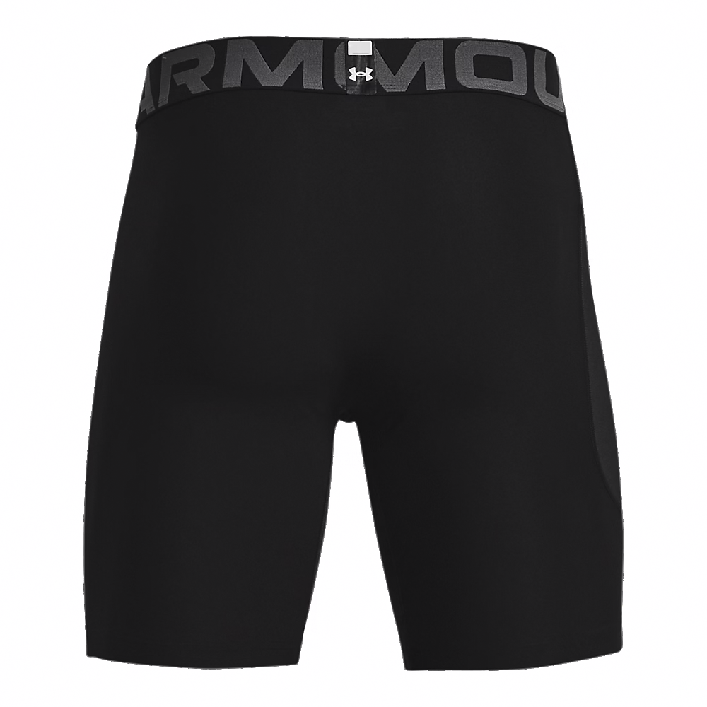 Rear view of black Under Armour compression shorts featuring a branded elastic waistband with the UA logo.
