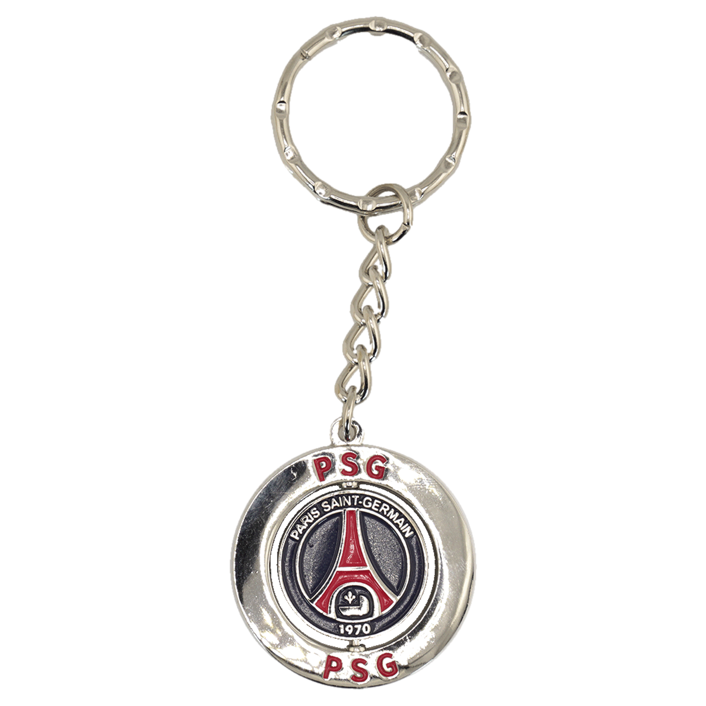 A silver PSG keychain featuring a circular pendant with the club's red Eiffel Tower logo and "PSG" text at the top and bottom.
